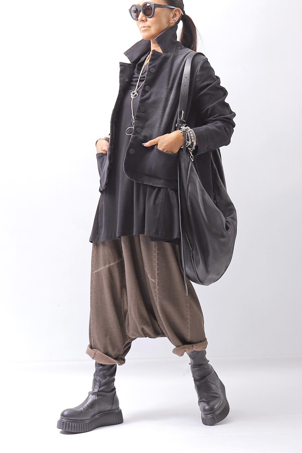 【PLÜ】 UNISEX COTTON SWEAT WIDE SARROUEL PANTS PL16P_CHOCOLATE