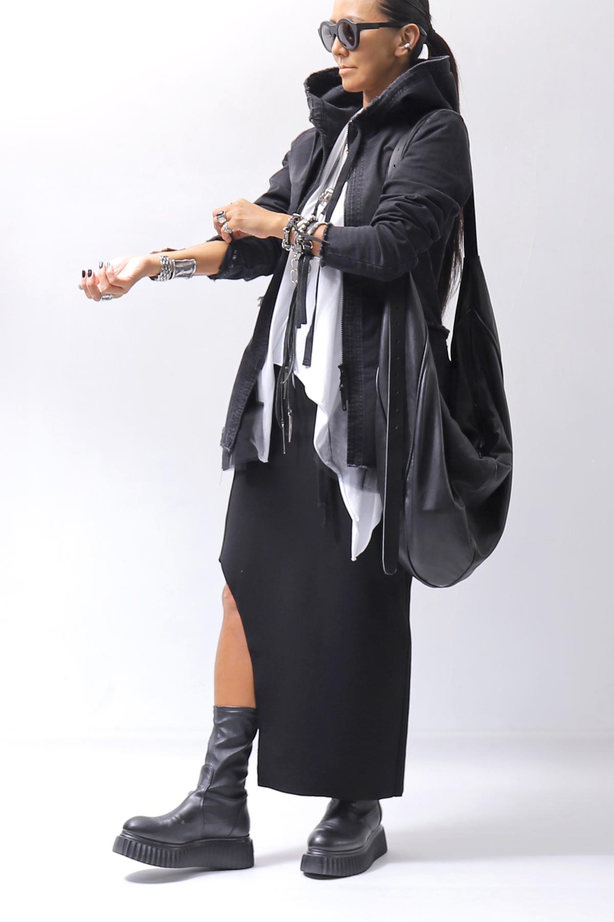 【PLÜ】 SUPER STRETCH COTTON DENIM HOODIE TULLE JACKET PL19_BLACK WASH