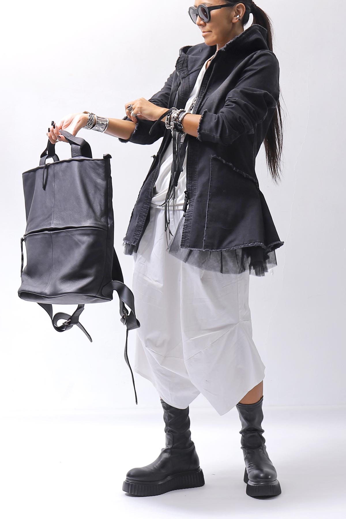 【PLÜ】 SUPER STRETCH COTTON DENIM HOODIE TULLE JACKET PL19_BLACK WASH