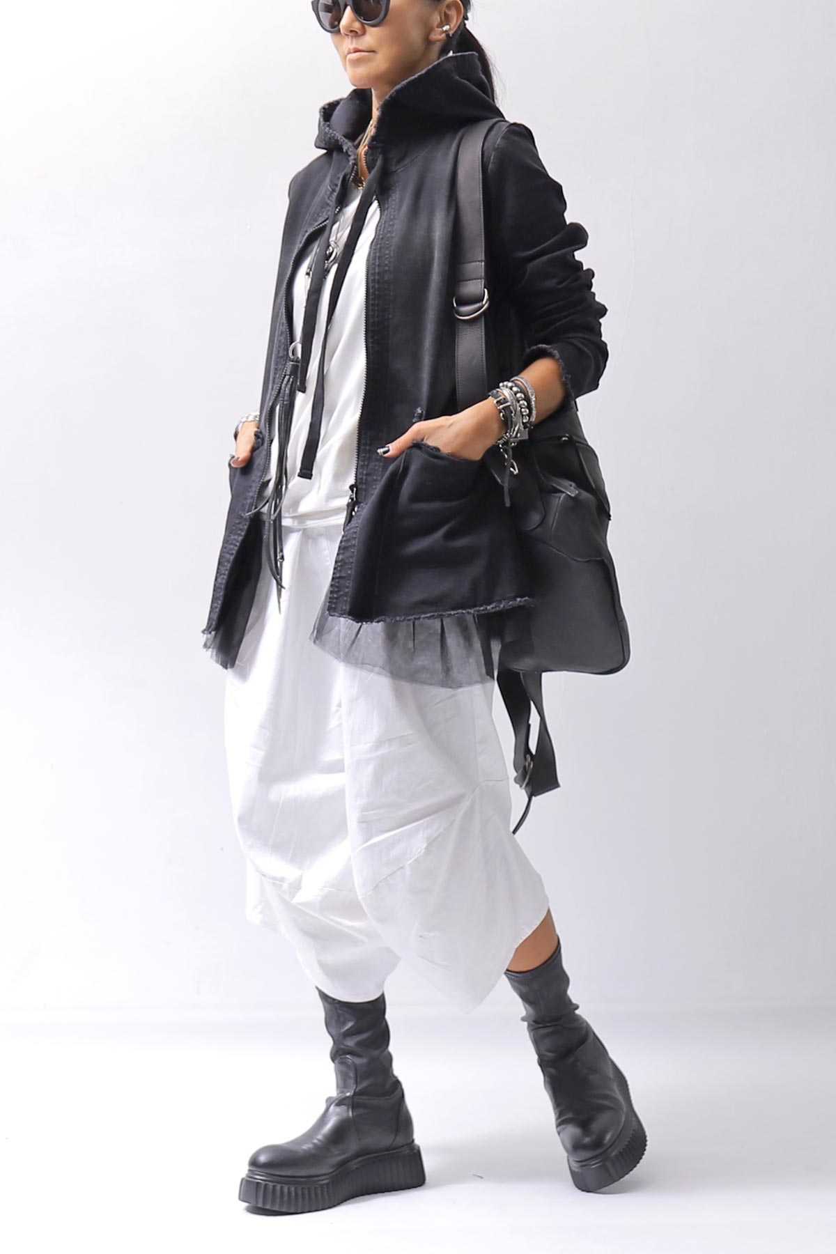 【PLÜ】 SUPER STRETCH COTTON DENIM HOODIE TULLE JACKET PL19_BLACK WASH