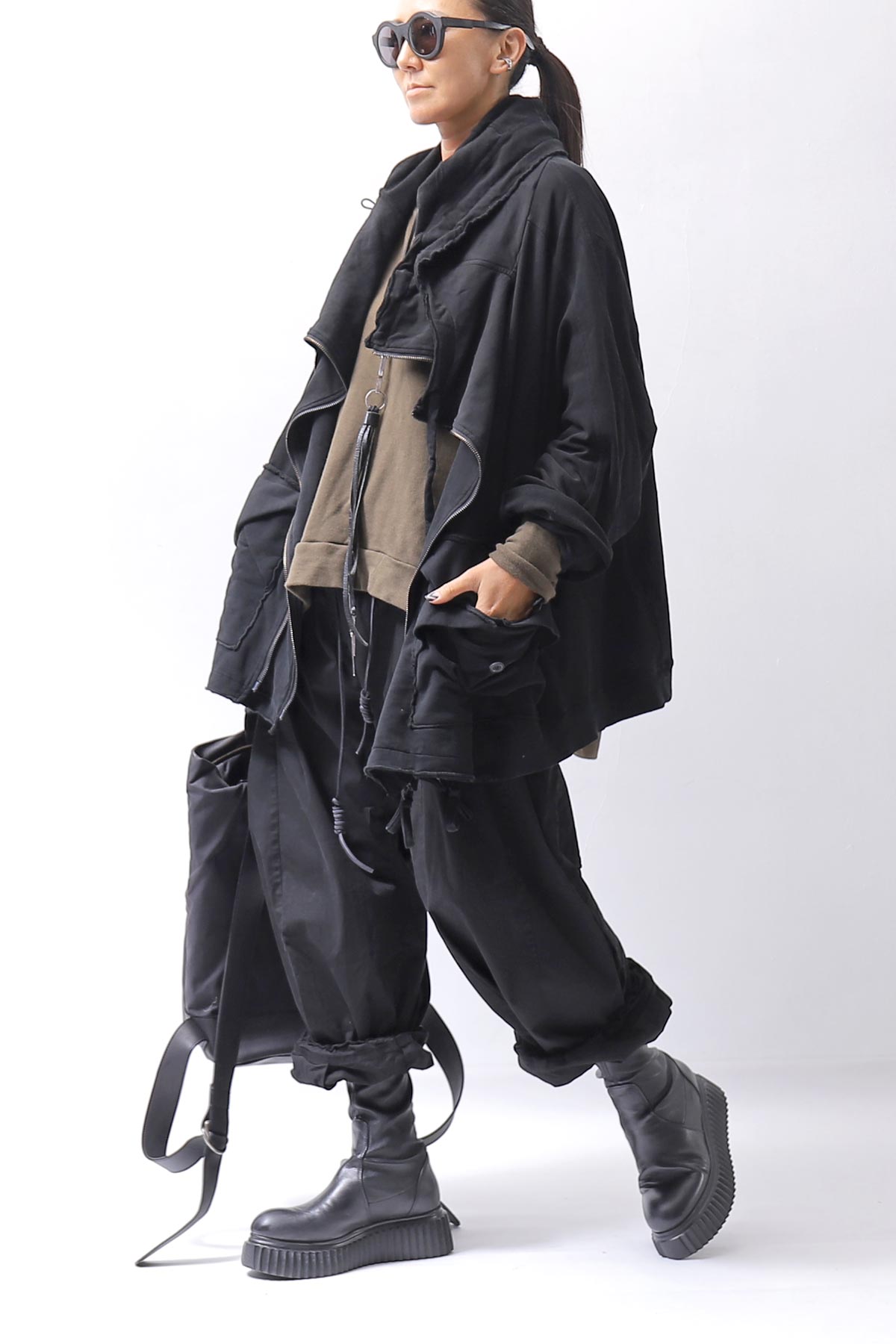 【RUNDHOLZ】 UNISEX DOUBLE LAYERED RELAX FIT ZIP-UP HOODIE_BLACK