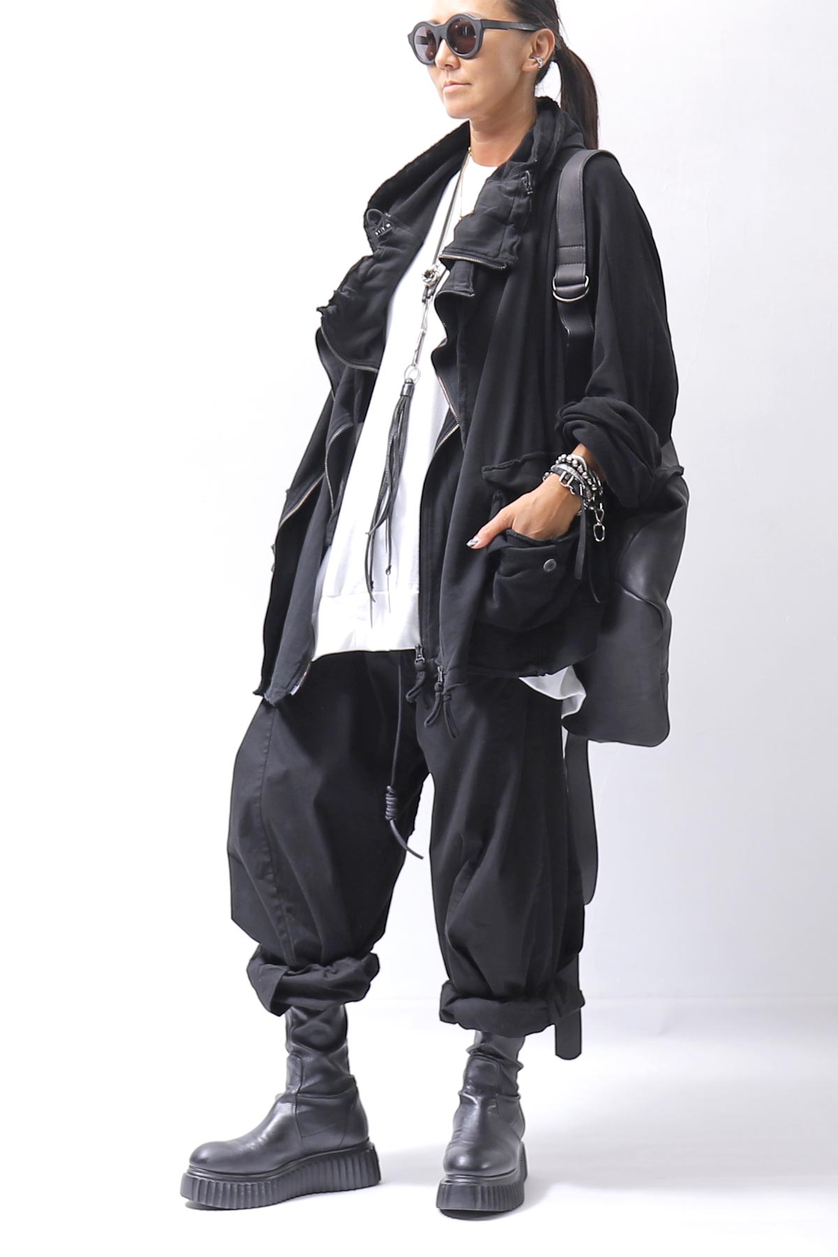 【RUNDHOLZ】 UNISEX DOUBLE LAYERED RELAX FIT ZIP-UP HOODIE_BLACK