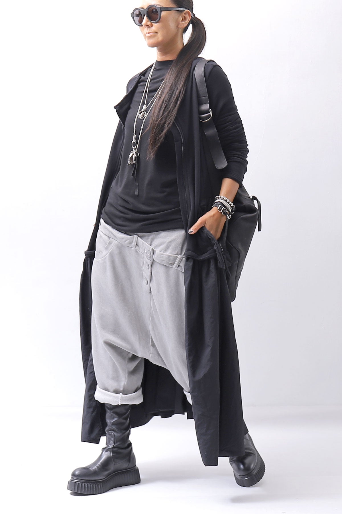 【RUNDHOLZ】 2WAY LIGHT SWEAT&NYLON LONG CARDIGAN DRESS 351 0924_BLACK