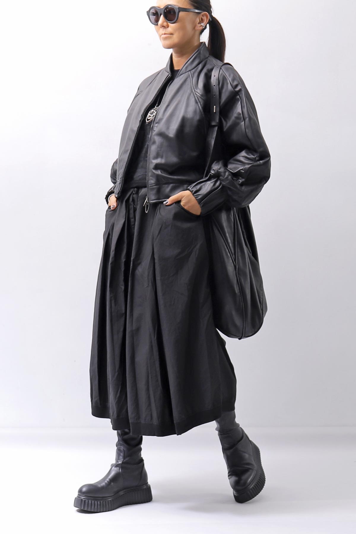 【DANIELE BASTA】 DOLMAN SLEEVE LEATHER SHORT BOMBER JACKET DB1301_BLACK