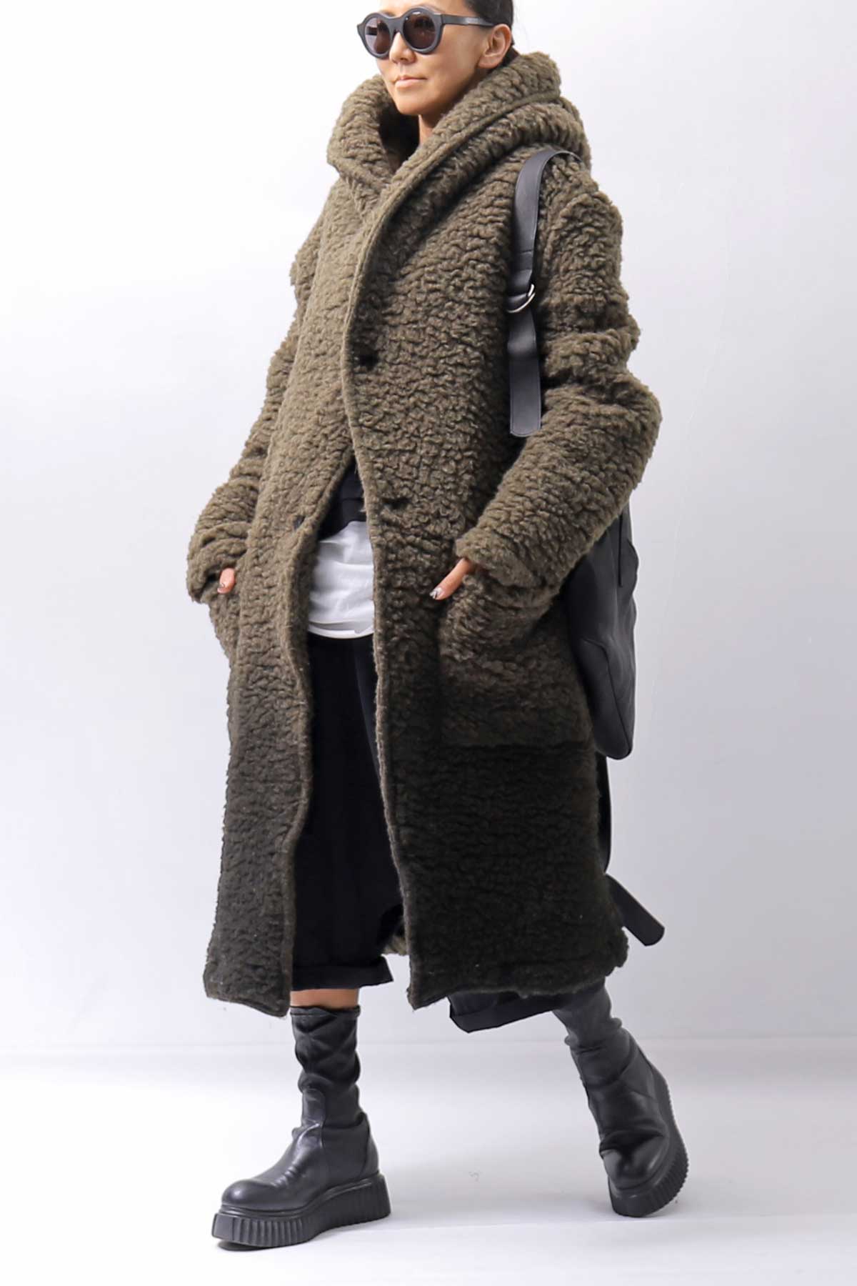 【NOSTRASANTISSIMA】 UNISEX VIRGIN BOA KNIT HOODED COAT_KHAKI BROWN