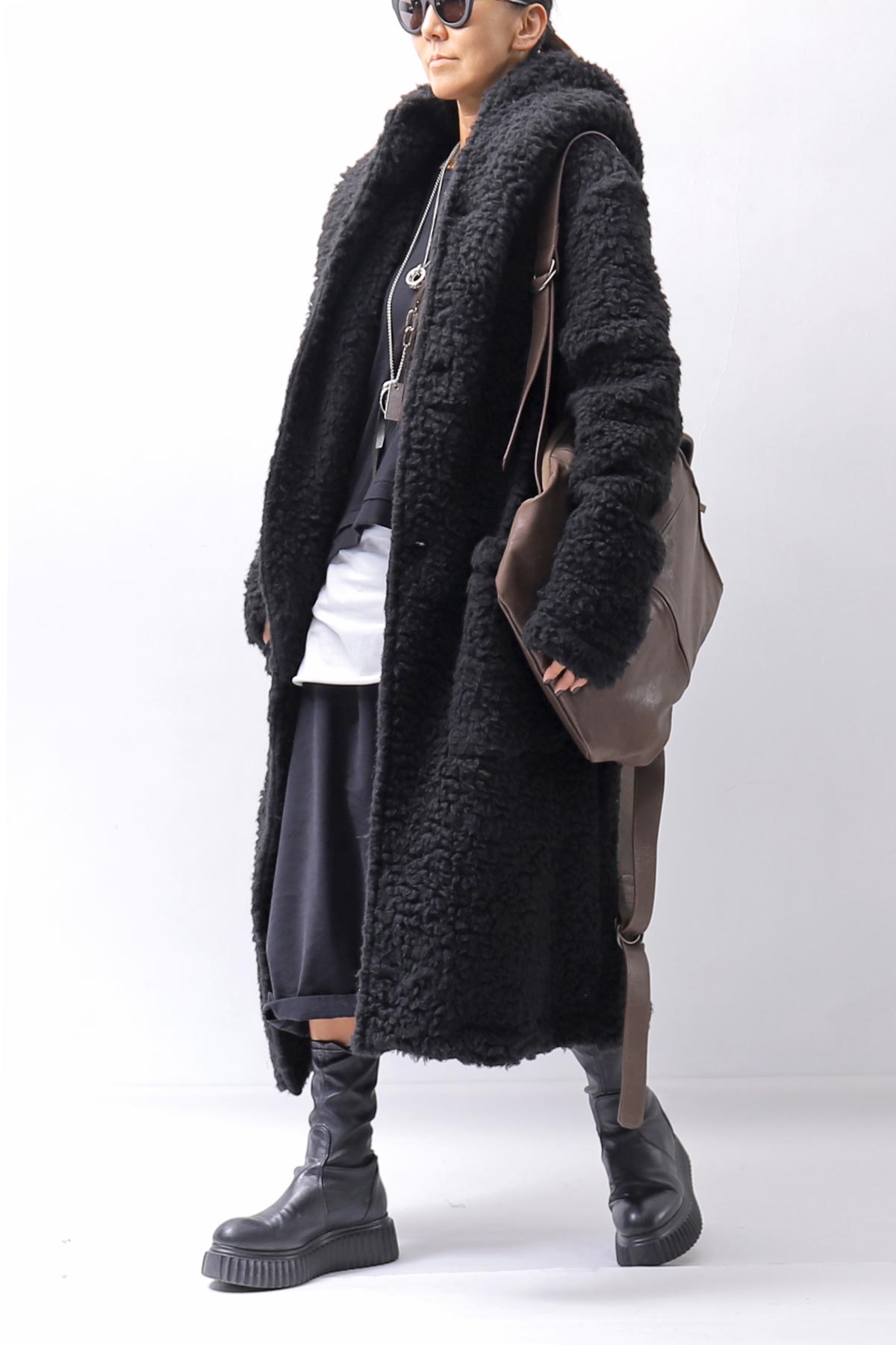 【NOSTRASANTISSIMA】 UNISEX VIRGIN BOA KNIT HOODED COAT_BLACK