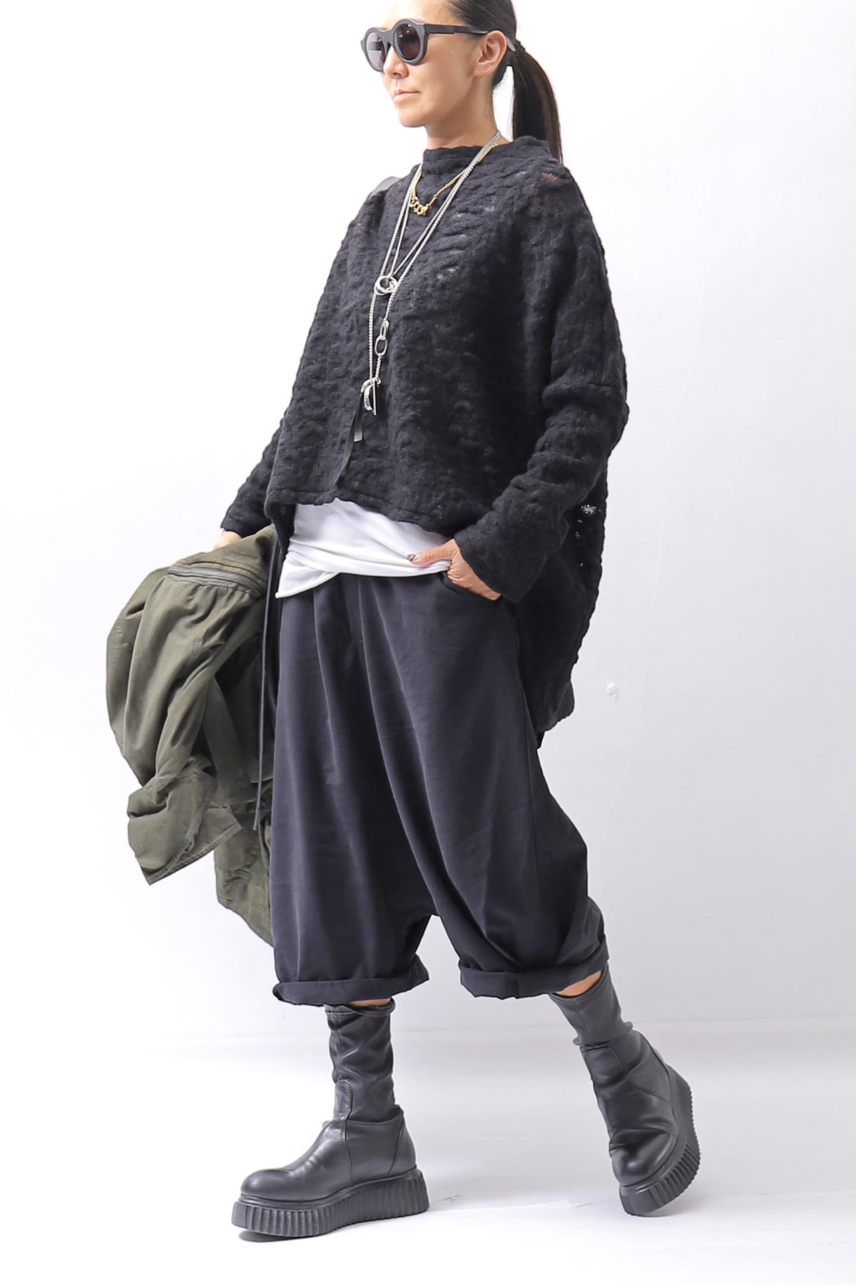 【NOSTRASANTISSIMA】 ASYMMETRY JACQUARD KNIT TOP M114_BLACK