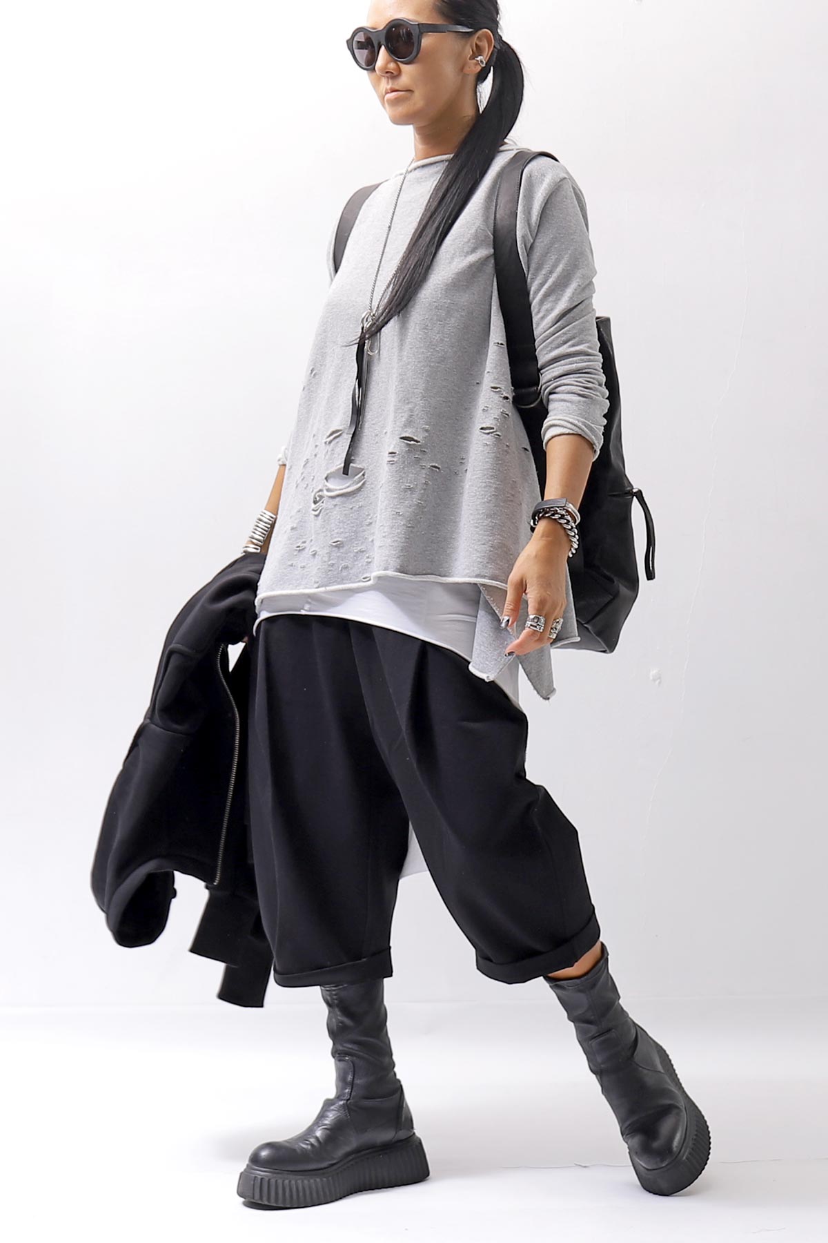 【NOSTRASANTISSIMA】 UNISEX STRETCH FRONT TUCK PANTS P118_BLACK