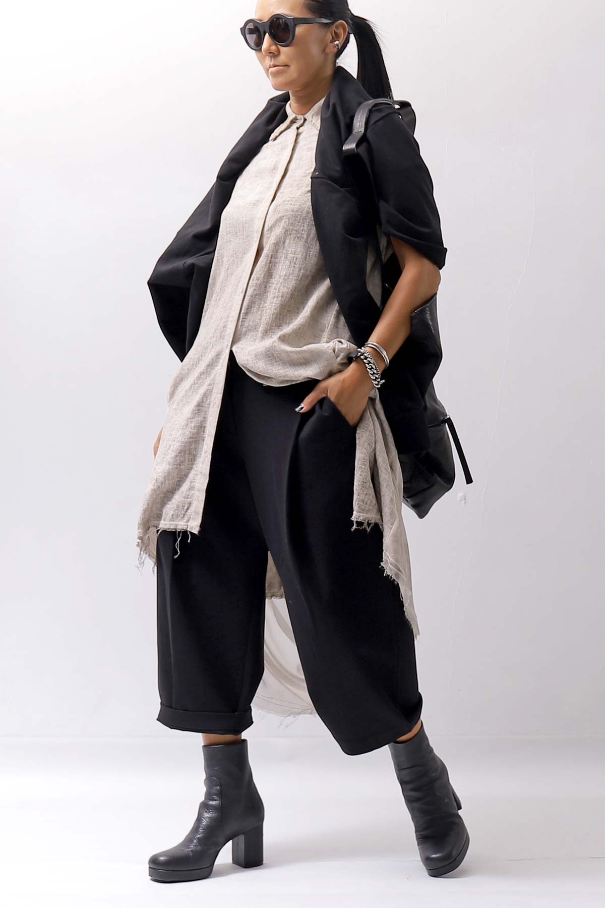 【NOSTRASANTISSIMA】 UNISEX STRETCH FRONT TUCK PANTS P118_BLACK