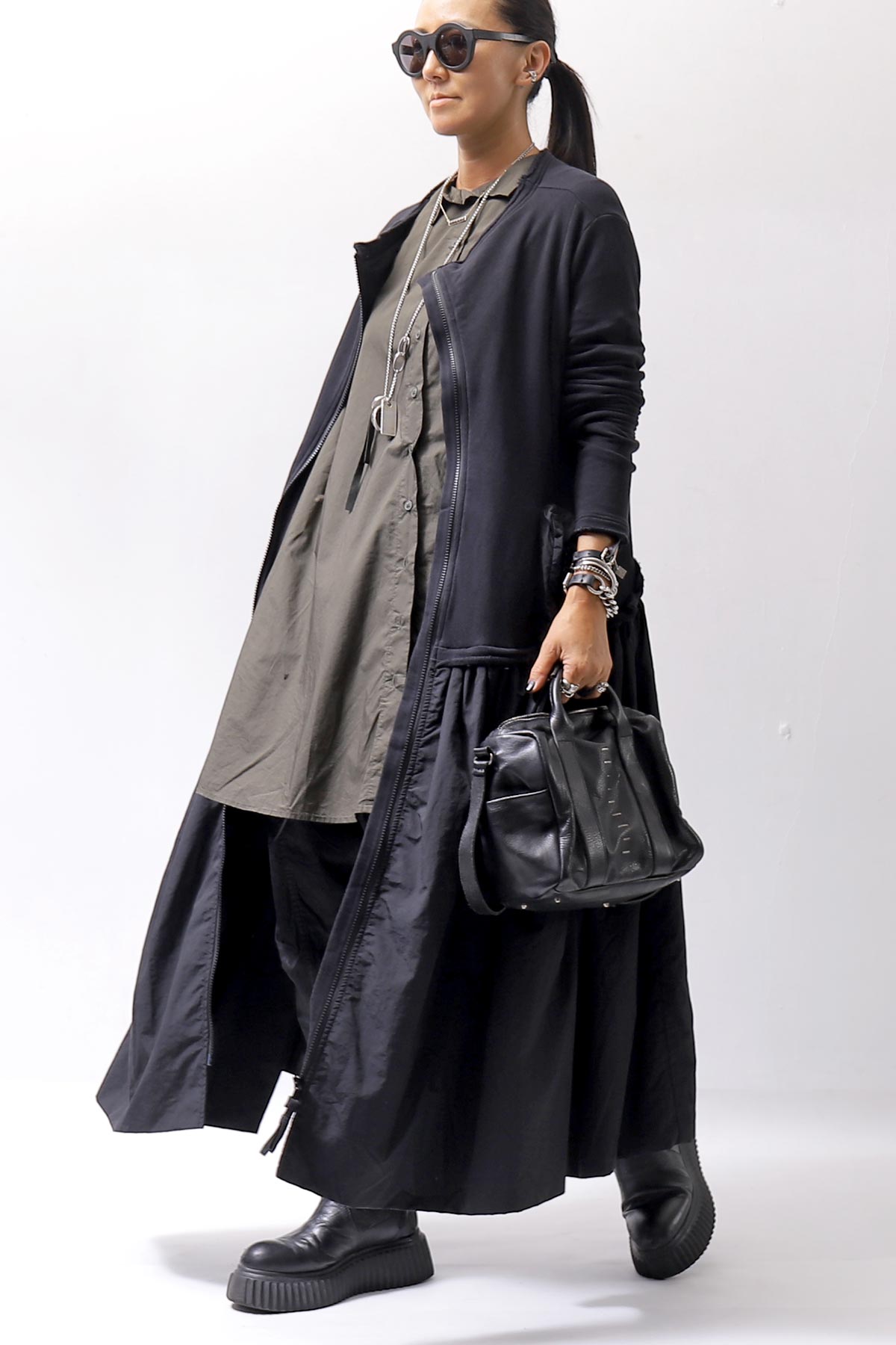 【RUNDHOLZ】 2WAY LIGHT SWEAT&NYLON LONG CARDIGAN DRESS 351 0924_BLACK