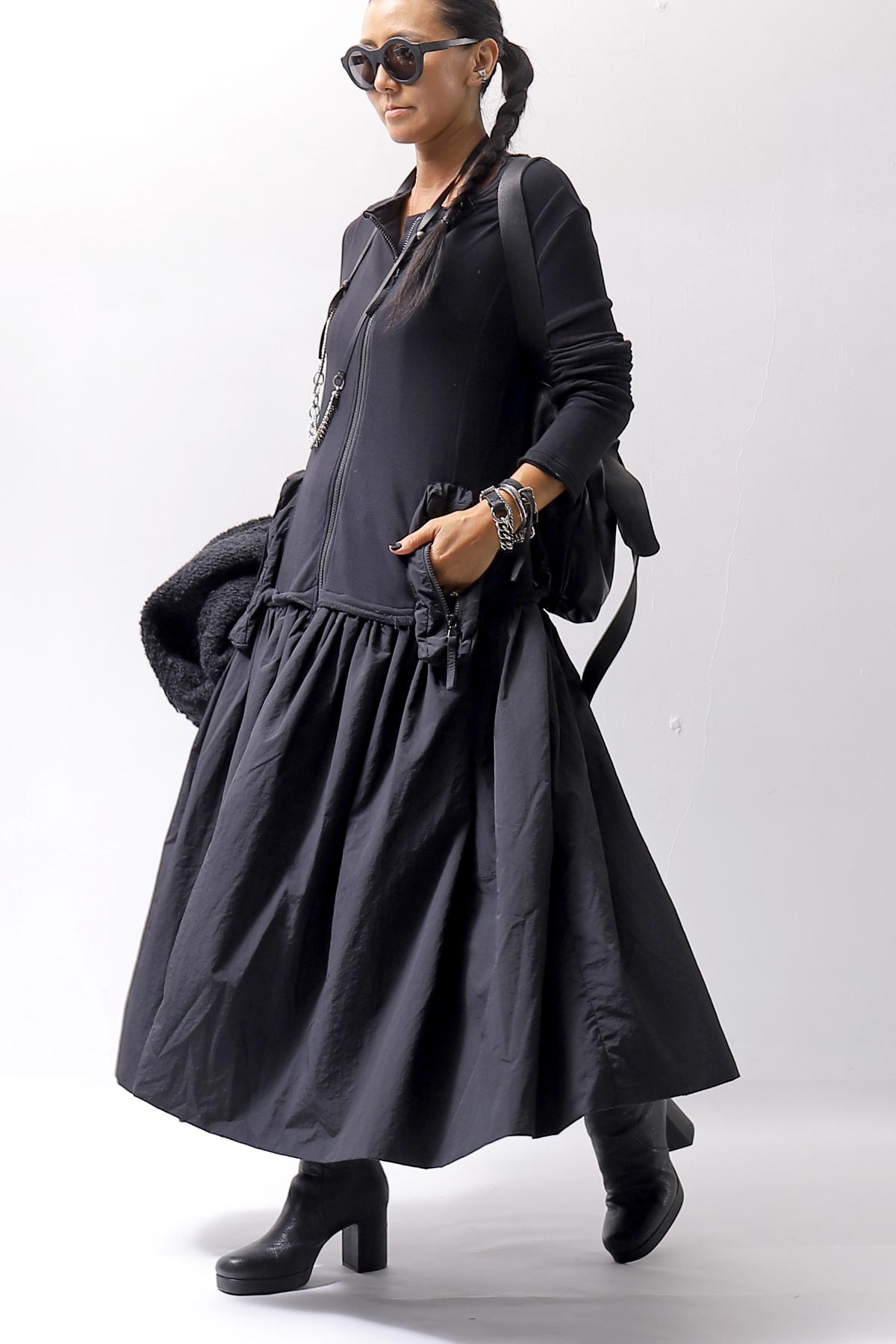 【RUNDHOLZ】 2WAY LIGHT SWEAT&NYLON LONG CARDIGAN DRESS 351 0924_BLACK