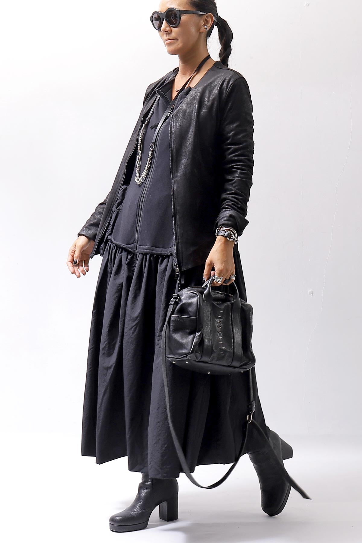 【RUNDHOLZ】 2WAY LIGHT SWEAT&NYLON LONG CARDIGAN DRESS 351 0924_BLACK