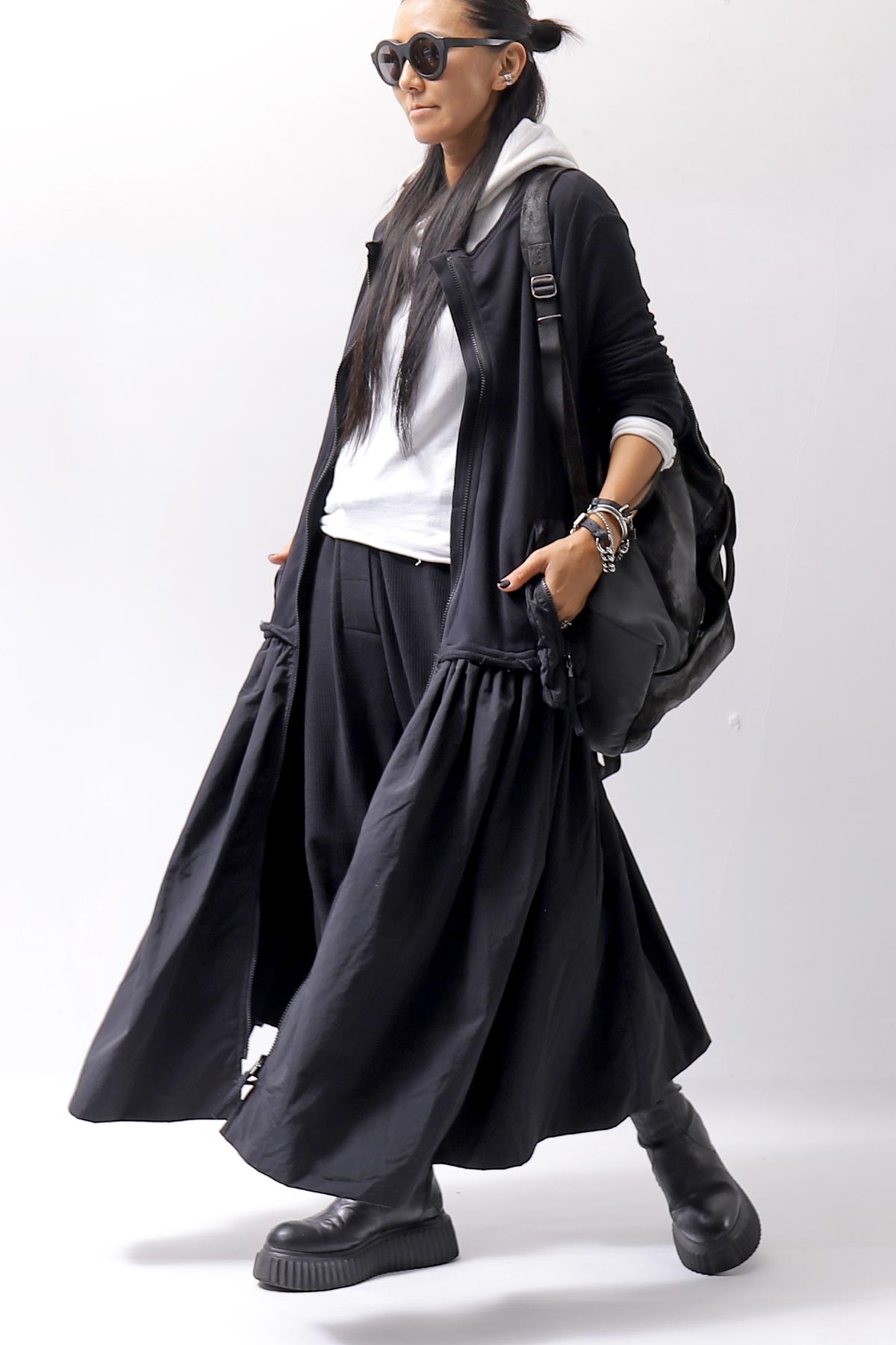 【RUNDHOLZ】 2WAY LIGHT SWEAT&NYLON LONG CARDIGAN DRESS 351 0924_BLACK