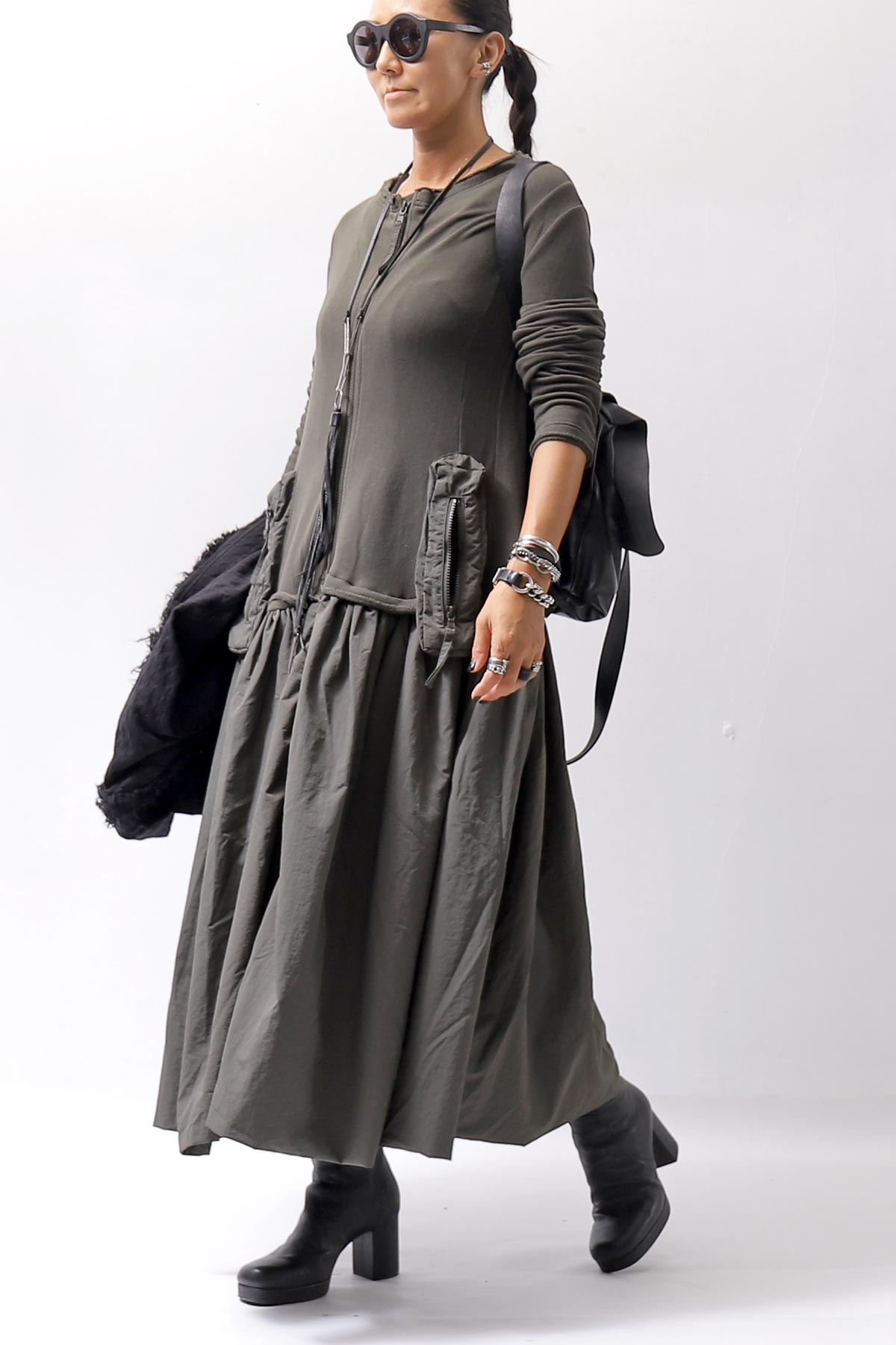 【RUNDHOLZ】 2WAY LIGHT SWEAT&NYLON LONG CARDIGAN DRESS 351 0924_JUNGLE