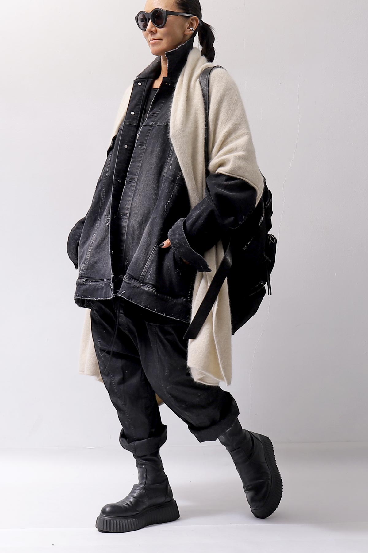 【RUNDHOLZ】 UNISEX RACCOON MULTI CARDIGAN COAT KNIT 141 7709_BONE MEL