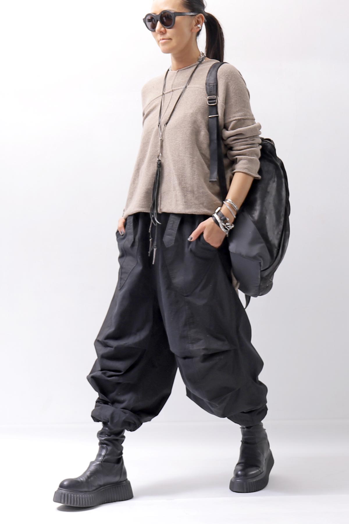 【Andrea Ya'aqov】 UNISEX 2WAY SHOULDER SALOPETTE PARACHUTE PANTS PAK71_BLACK