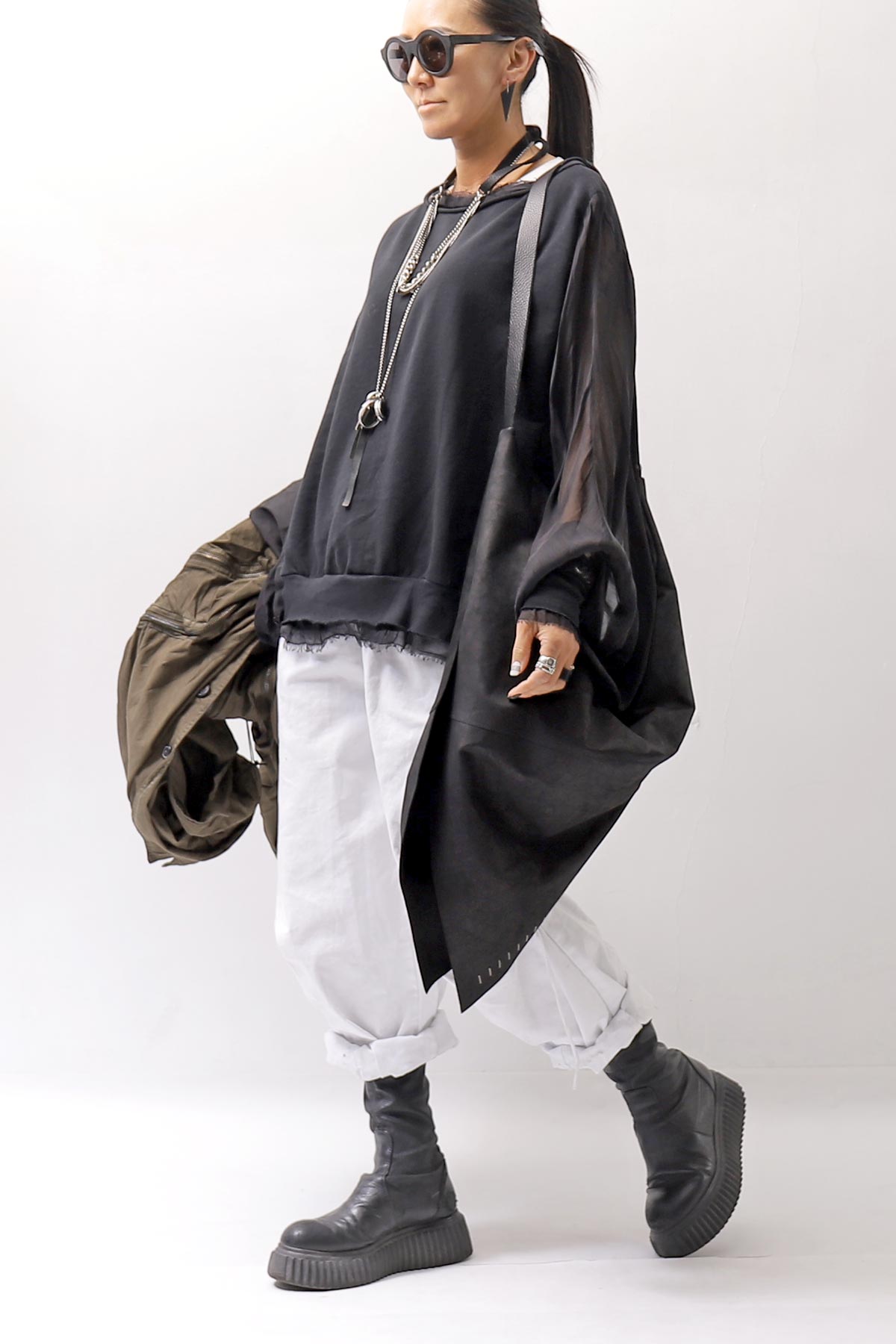 【sanctamuerte】 COTTON SWEAT & SILK CHIFFON SLEEVE TOP SM71_BLACK