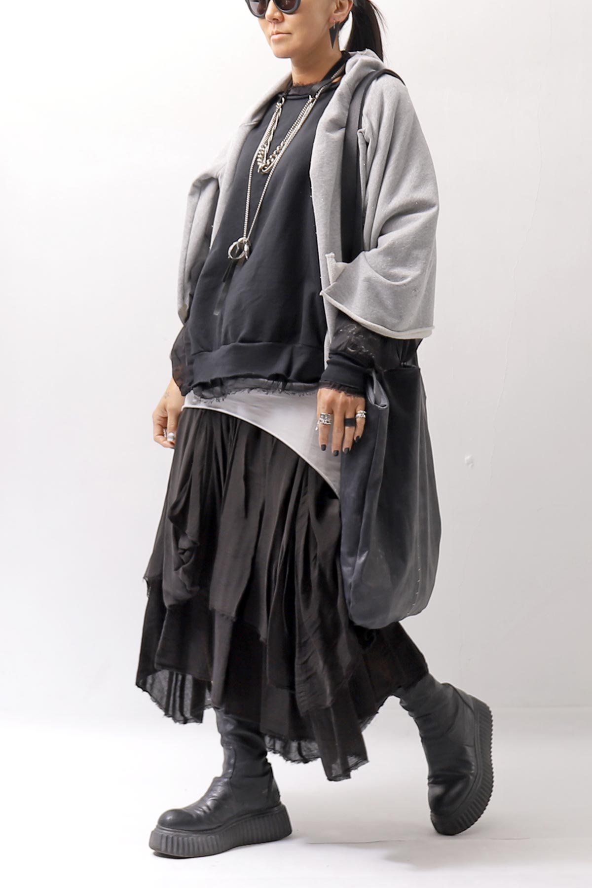 【sanctamuerte】 COTTON SWEAT & SILK CHIFFON SLEEVE TOP SM71_BLACK