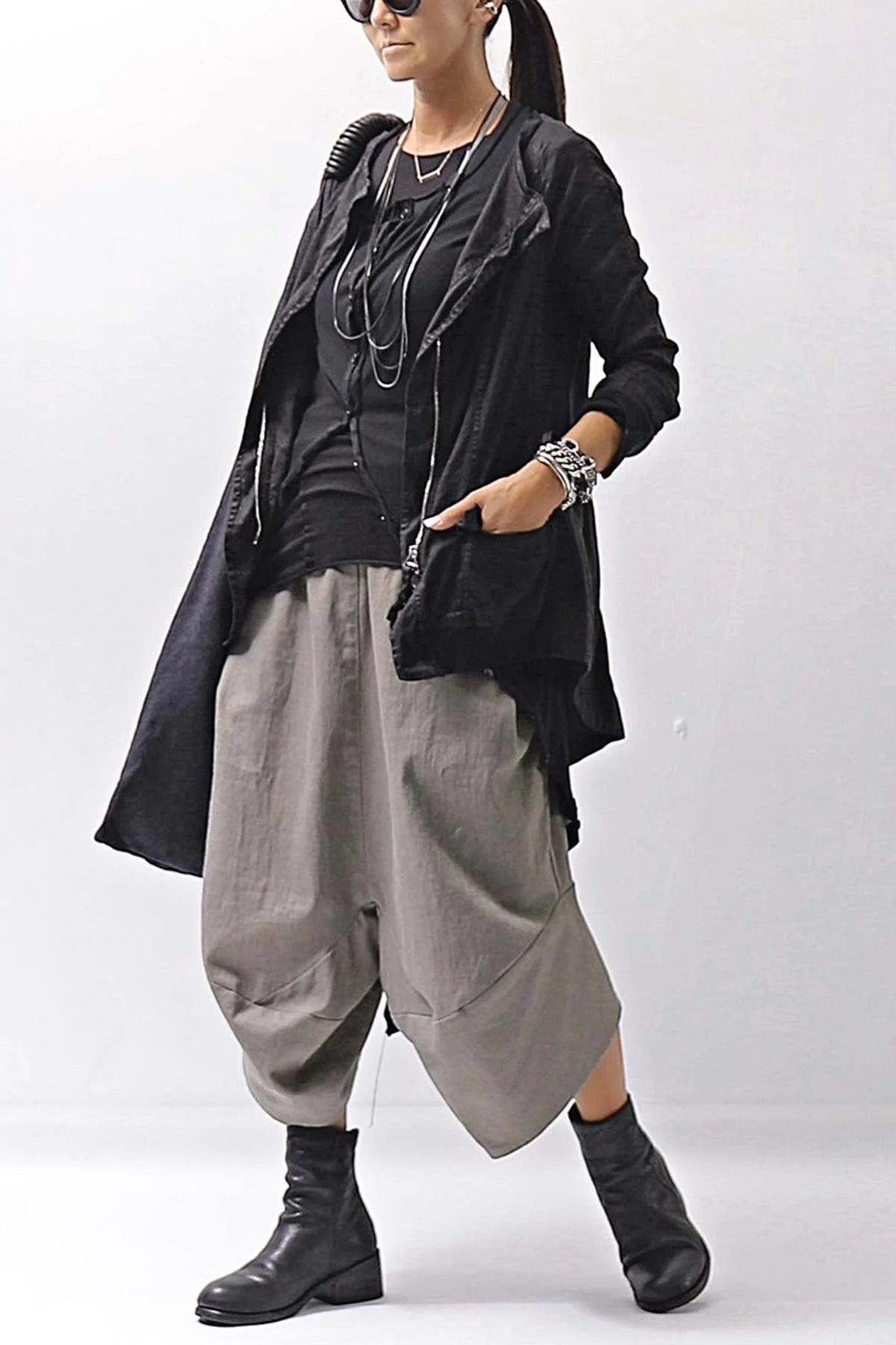 【Primordial is Primitive】 UNISEX ASYMMETRY COTTON LINEN PANTS 722LS_MILITARY