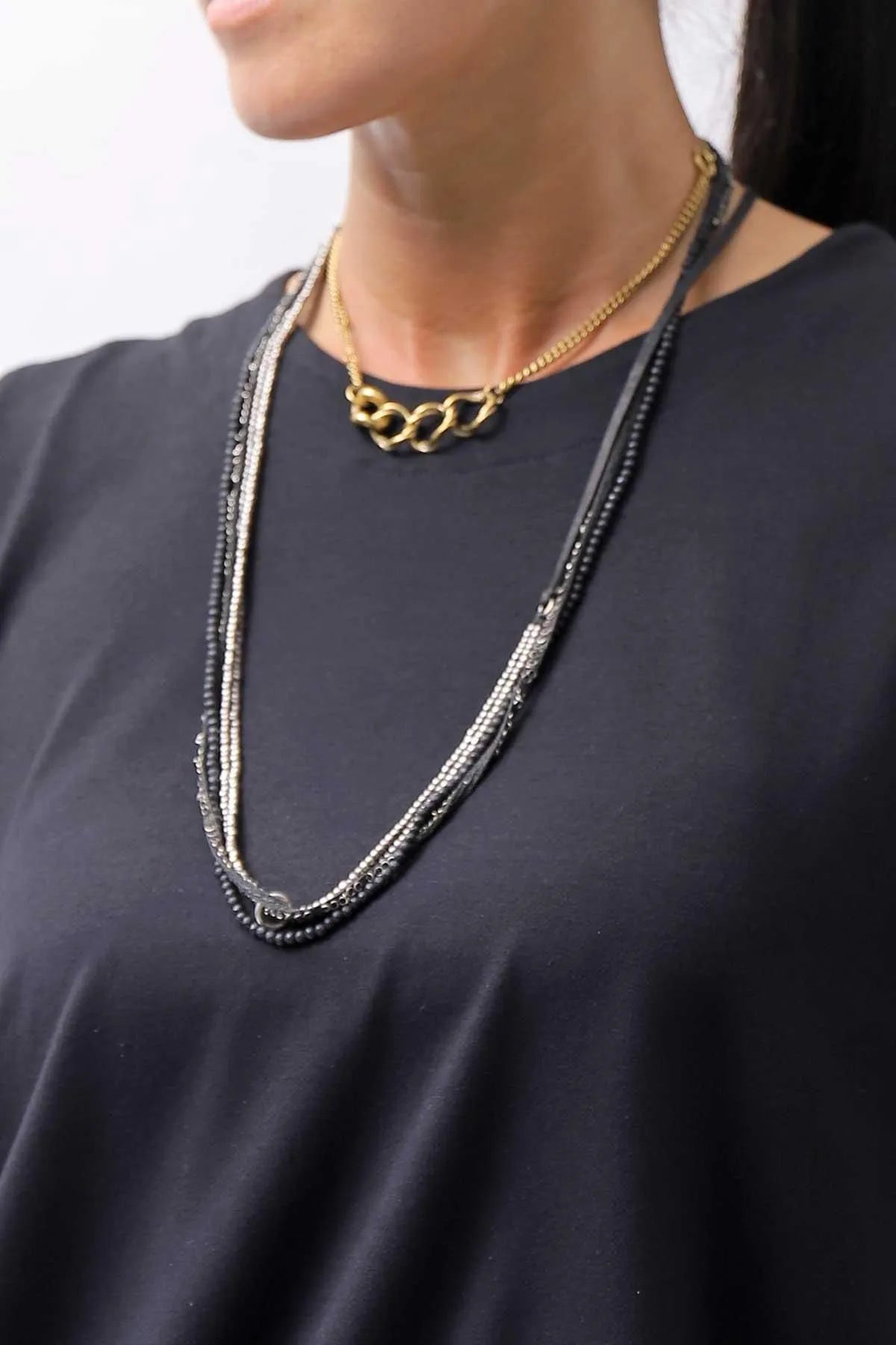 【GOTI】 BLACK AGATE &amp; MICRO SILVER SEQUIN NECKLACE_CN1181