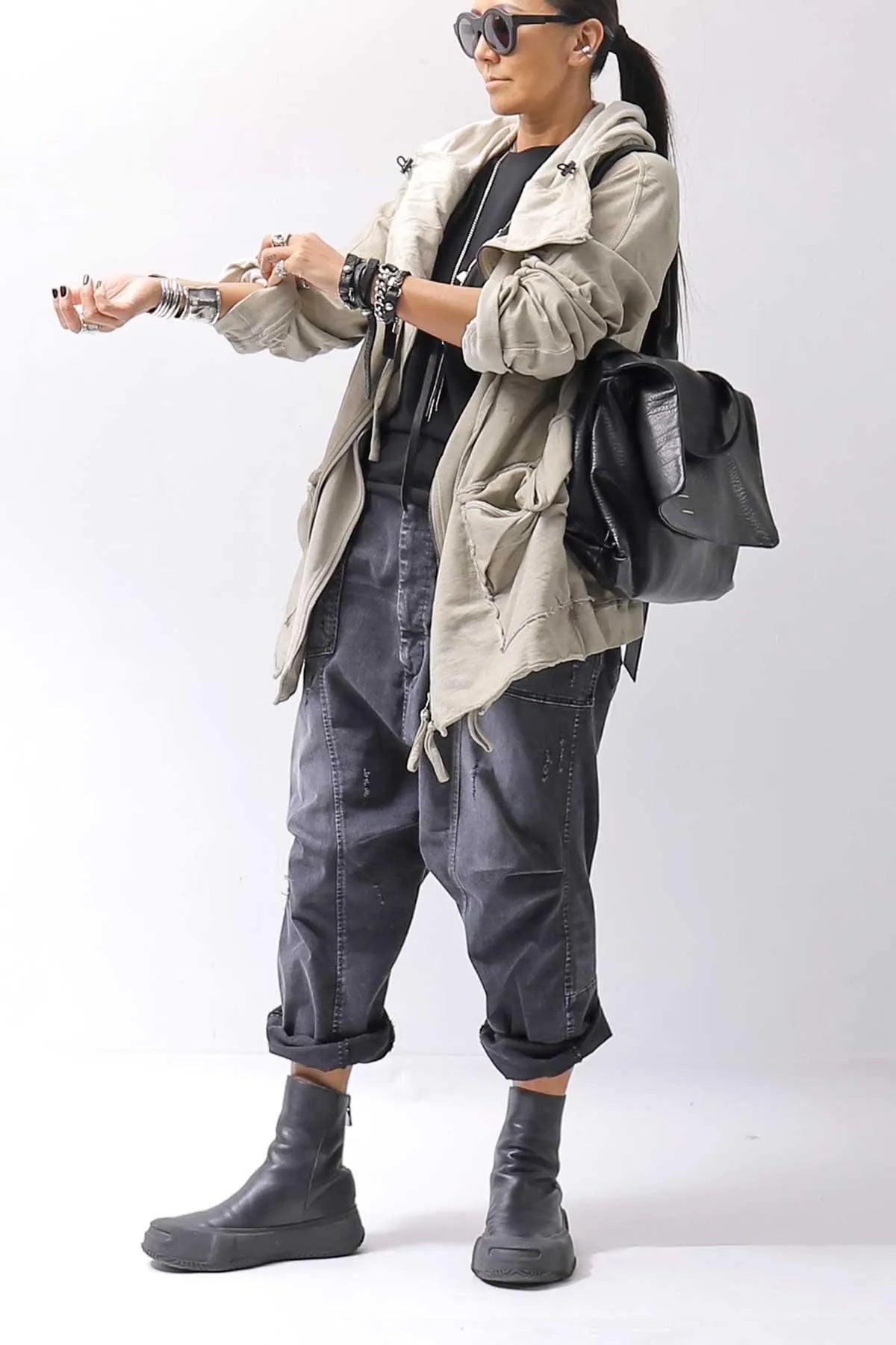 【RUNDHOLZ】 UNISEX DOUBLE LAYERED ZIP-UP HOODIE_SAND CLOUD