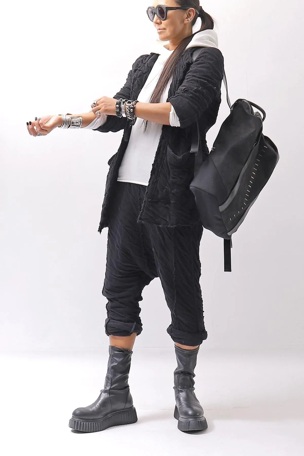 【studio b3】 UNISEX CRINKLED SOFT COTTON CARDIGAN JACKET RBB1971_BLACK