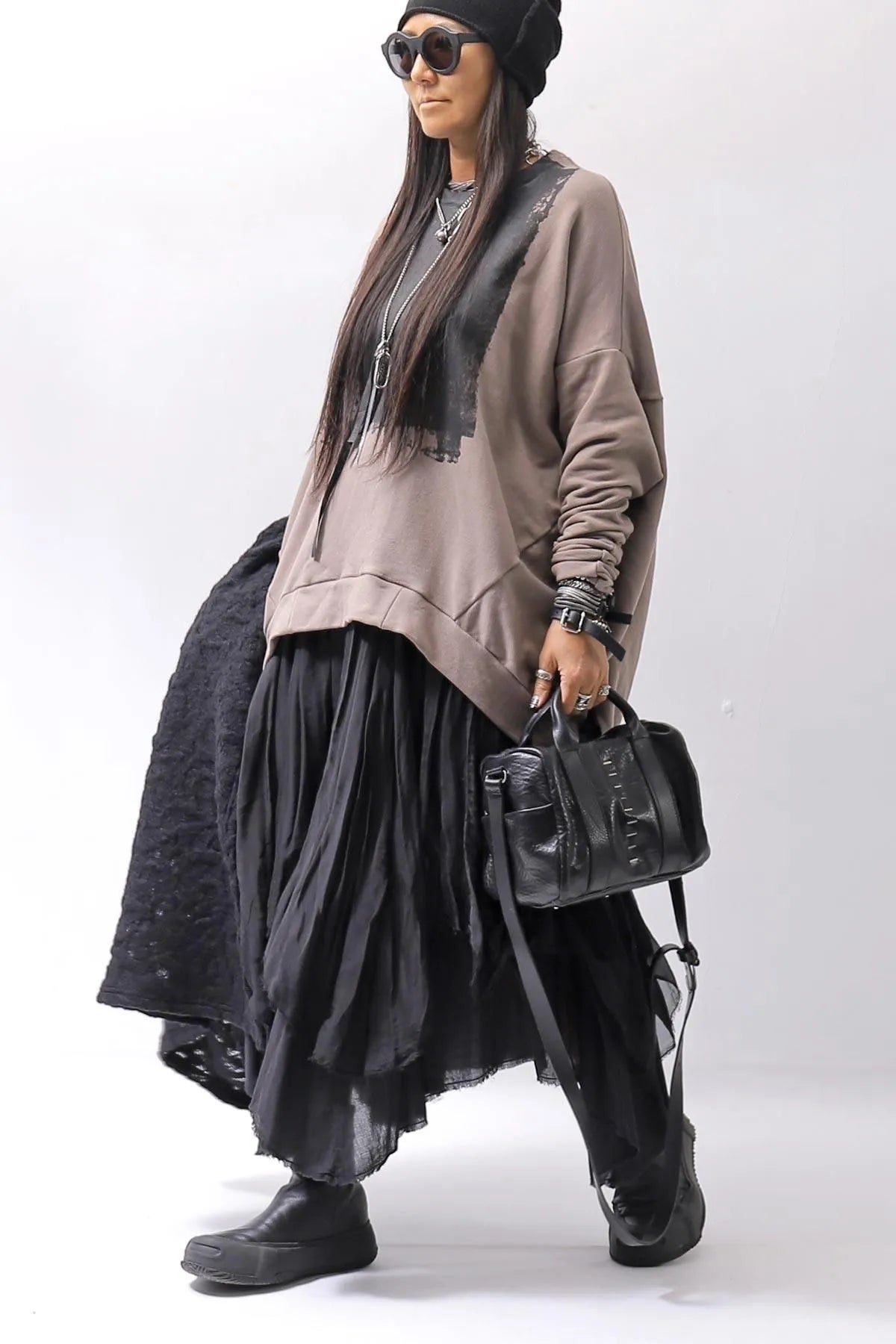 【bajra】 UNISEX BACK DRAPE&amp; PRINTED LIGHT SWEAT TOP 159QK04_TAUPE PRINTED