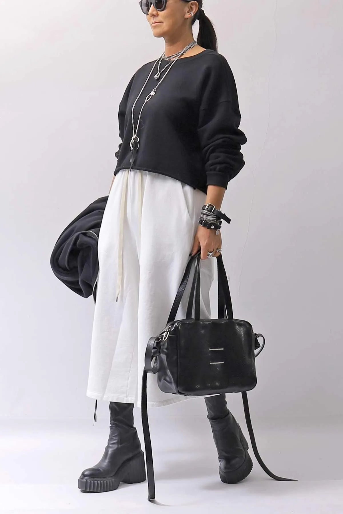 【AGL】 STRETCH LEATHER HEEL BOOTS MIDI HEEL STRETCH_BLACK
