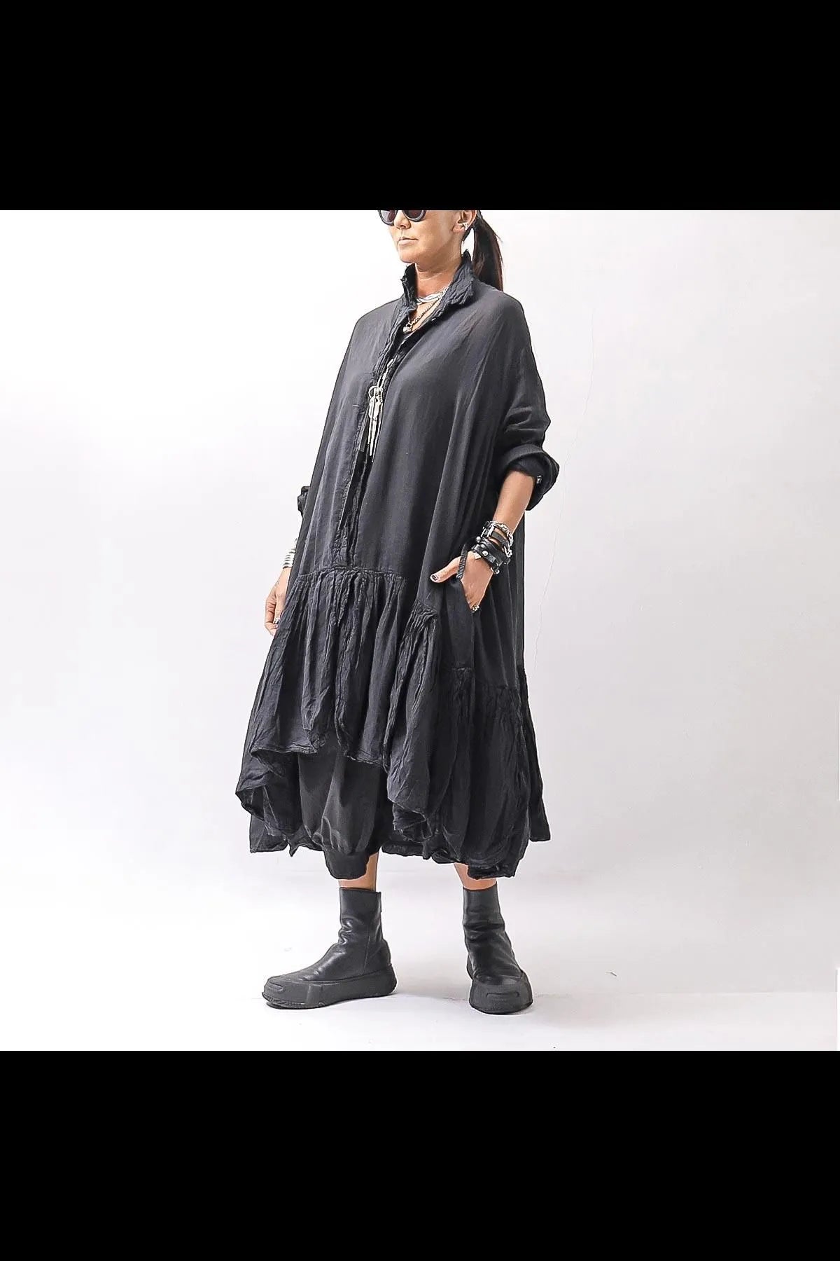 【RUNDHOLZ】 COTTON CHIFFON SHIRT DRESS _BLACK GLOSS