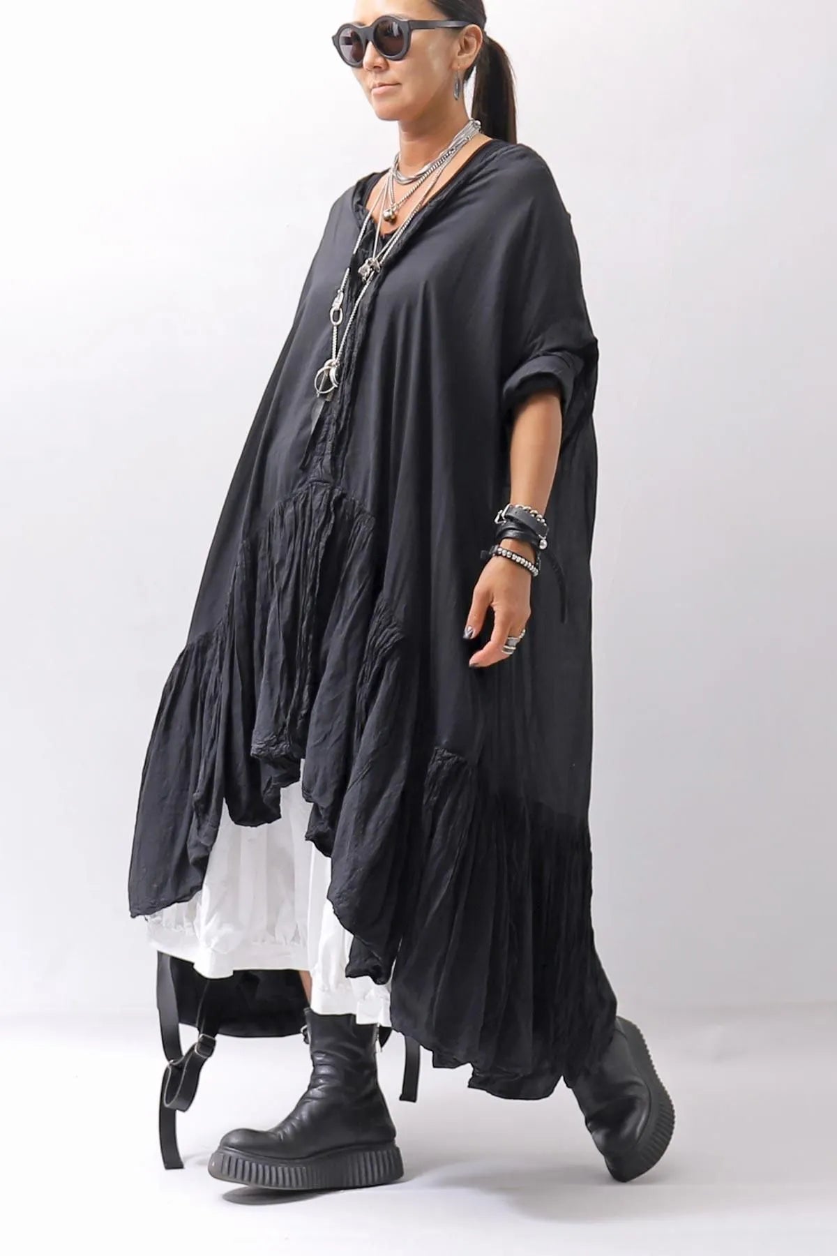 【RUNDHOLZ】 COTTON CHIFFON SHIRT DRESS _BLACK GLOSS
