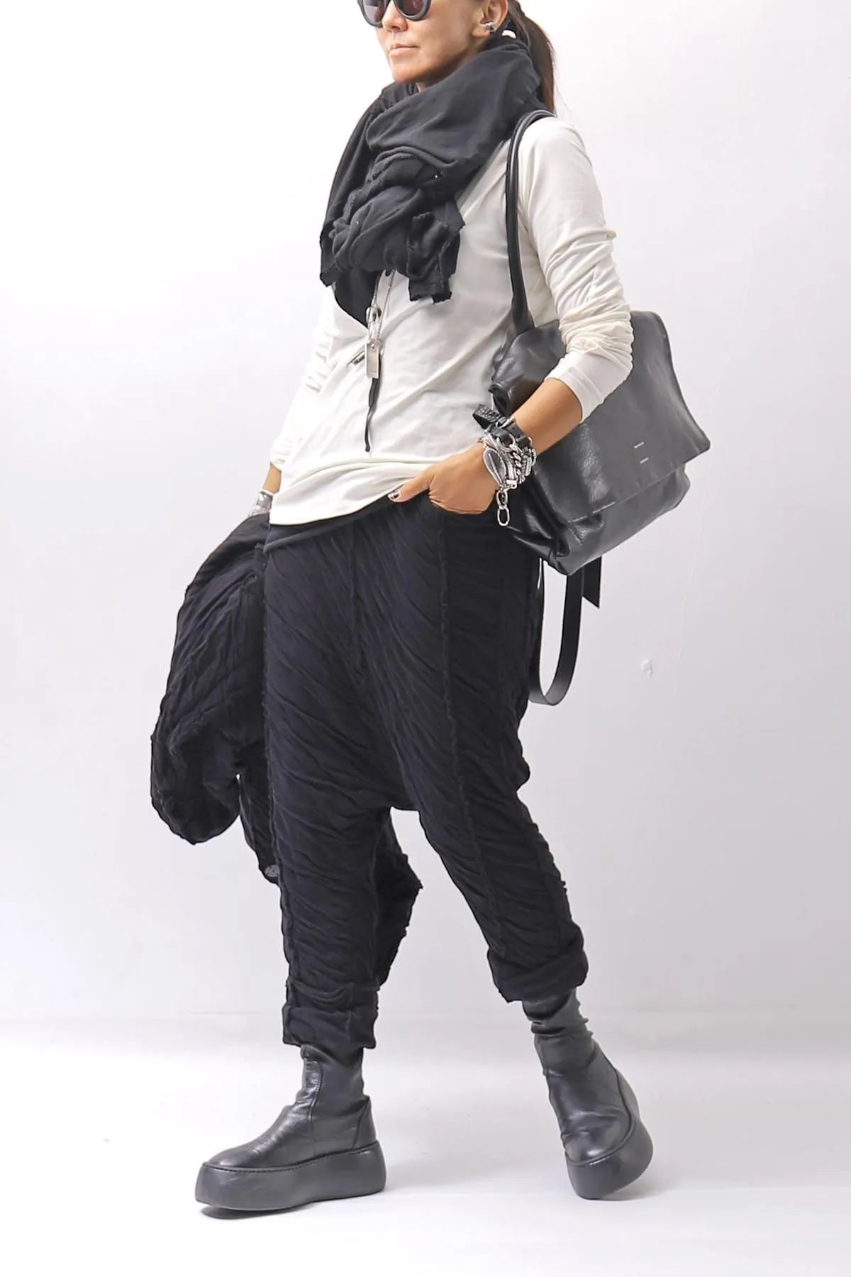 【studio b3】 UNISEX CRINKLED SOFT COTTON PANTS RBB1972_BLACK