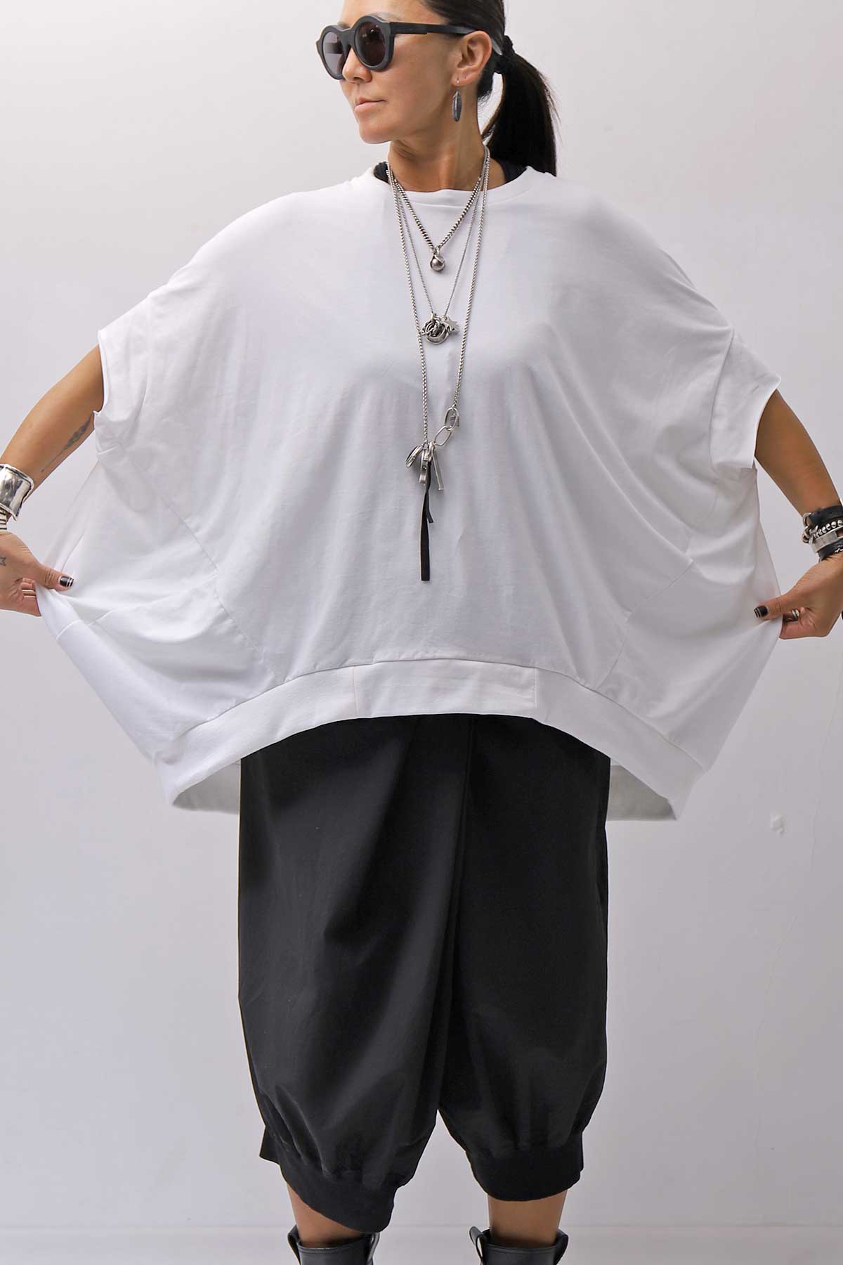 【bajra】 UNISEX BACK DRAPE HALF SLEEVE TOPS 160QK05_WHITE