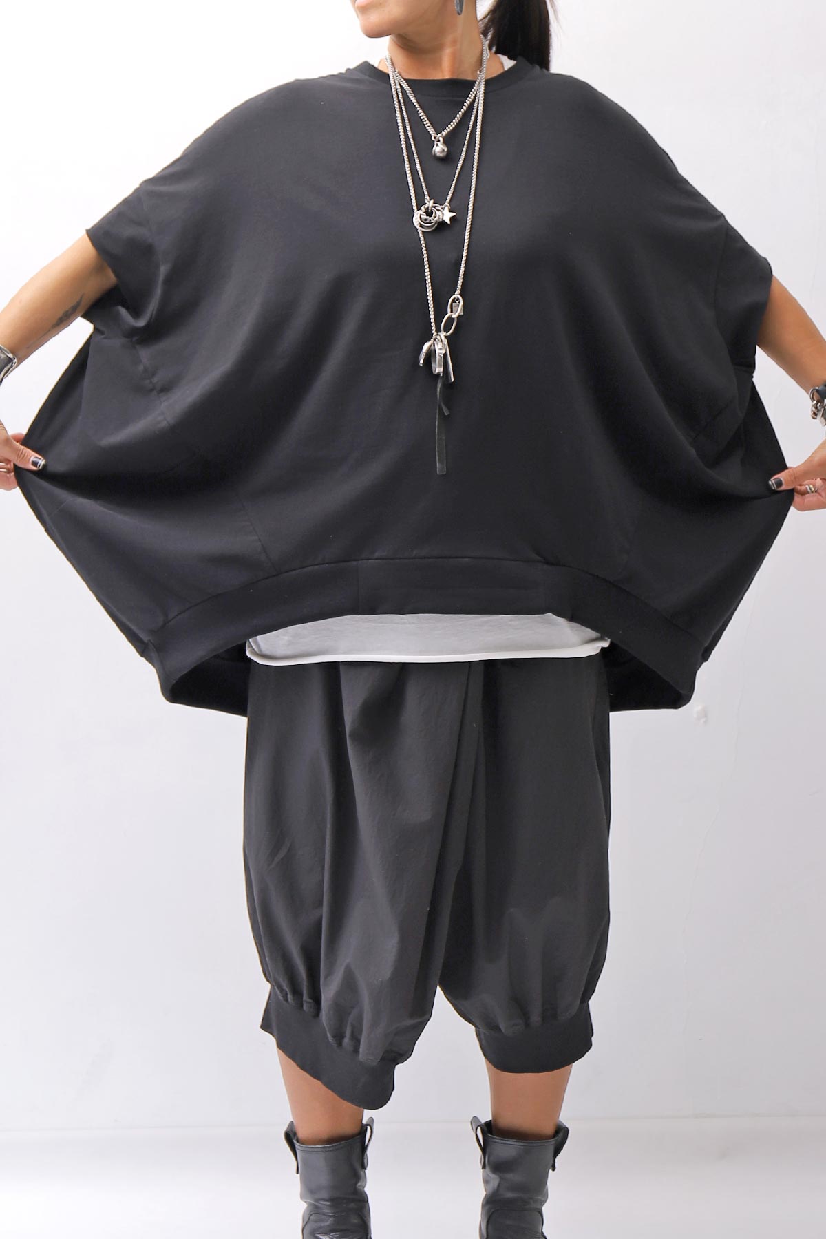 【bajra】 UNISEX BACK DRAPE HALF SLEEVE TOPS 160QK05_BLACK