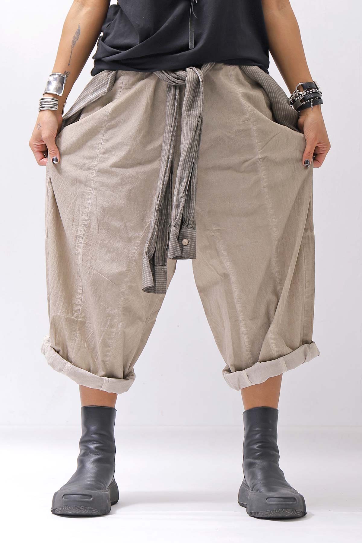 【studio b3】 UNISEX LIGHT COTTON PANTS WITH WAIST SHIRT NB2099_SAND OLD DYE