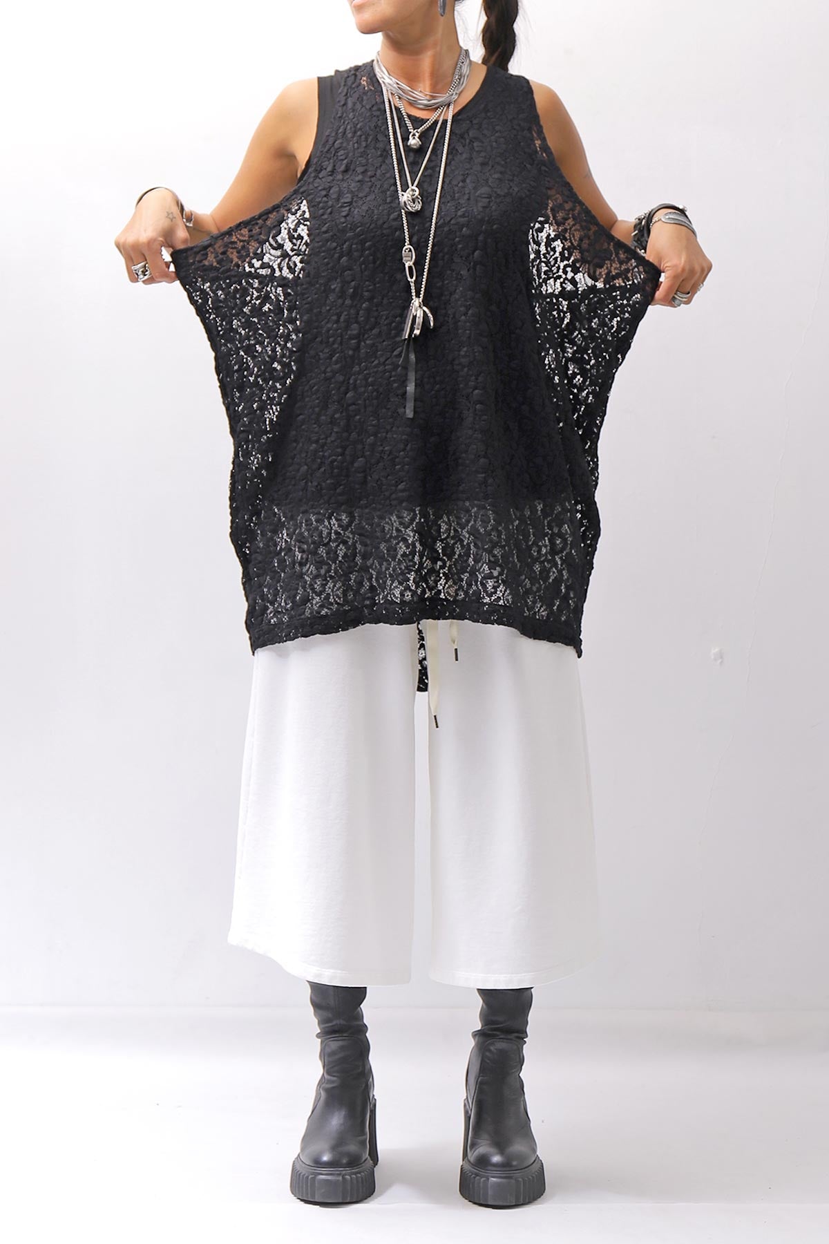 【NOSTRASANTISSIMA】 STRETCH COTTON LACY COVER TANK TOP C152_BLACK