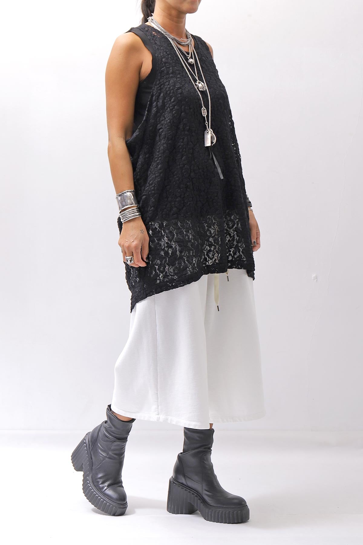【NOSTRASANTISSIMA】 STRETCH COTTON LACY COVER TANK TOP C152_BLACK