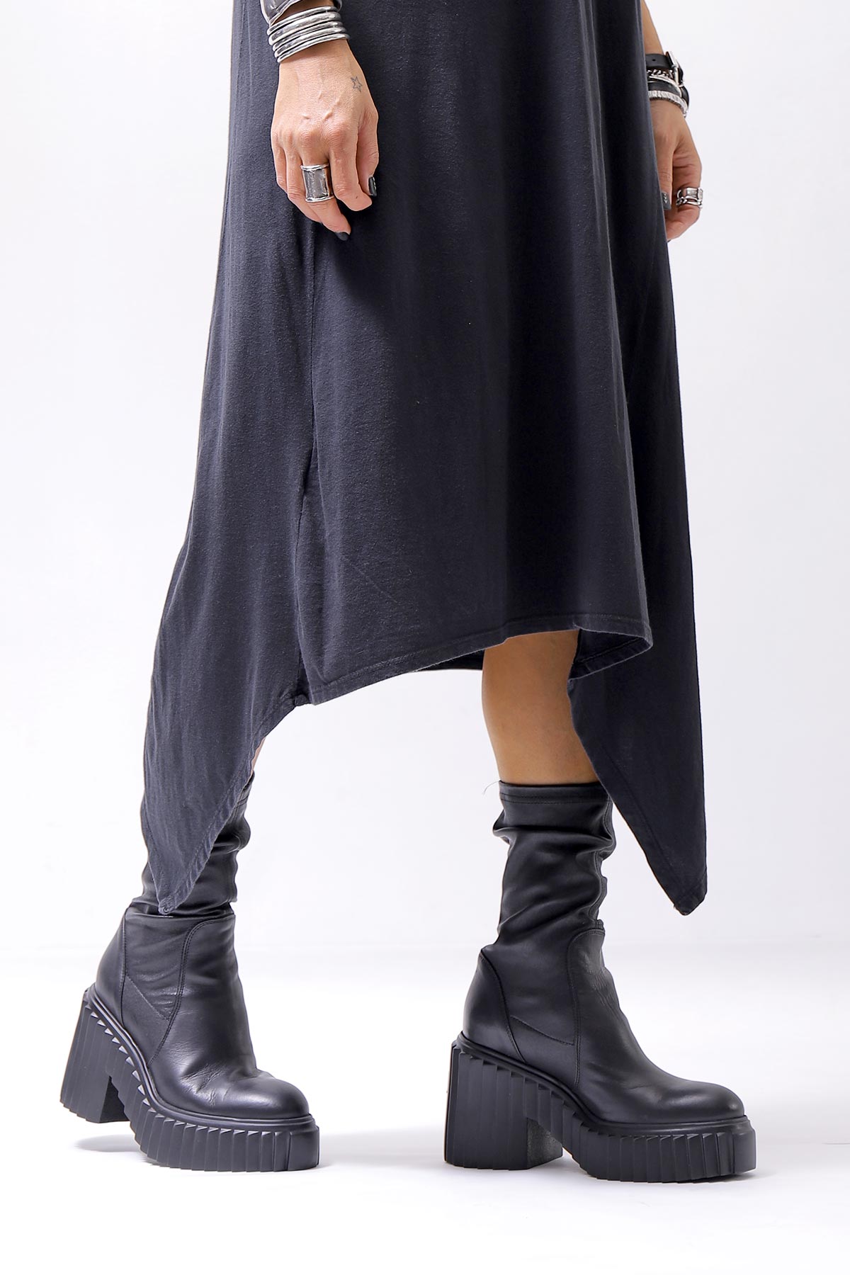 【AGL】 STRETCH LEATHER HEEL BOOTS MIDI HEEL STRETCH_BLACK