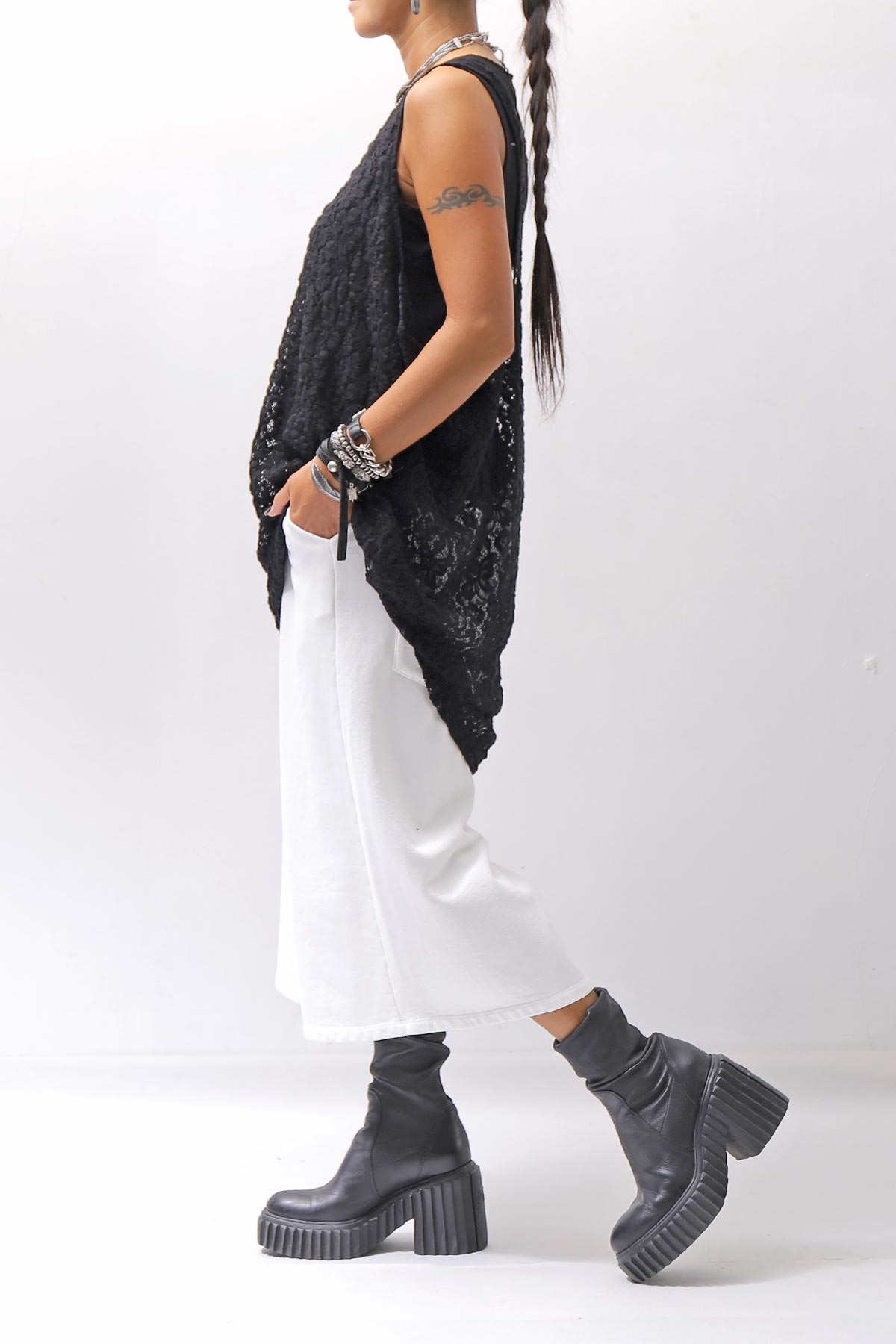 【NOSTRASANTISSIMA】 STRETCH COTTON LACY COVER TANK TOP C152_BLACK