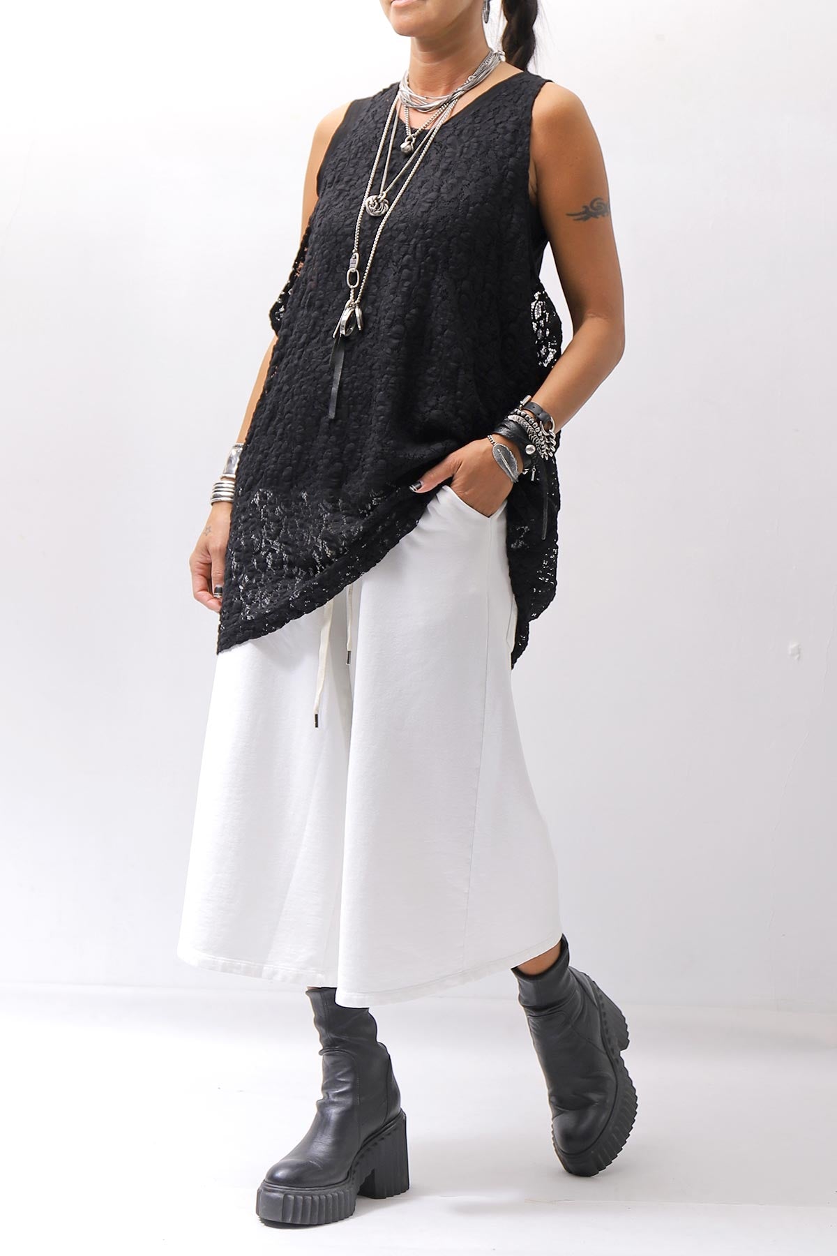 【NOSTRASANTISSIMA】 STRETCH COTTON LACY COVER TANK TOP C152_BLACK