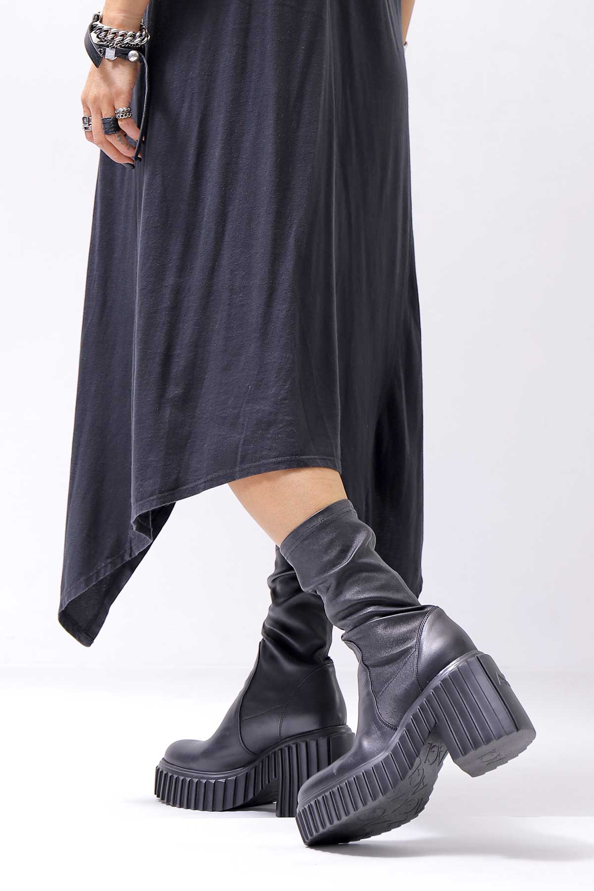 【AGL】 STRETCH LEATHER HEEL BOOTS MIDI HEEL STRETCH_BLACK