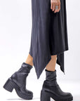 【AGL】 STRETCH LEATHER HEEL BOOTS MIDI HEEL STRETCH_BLACK