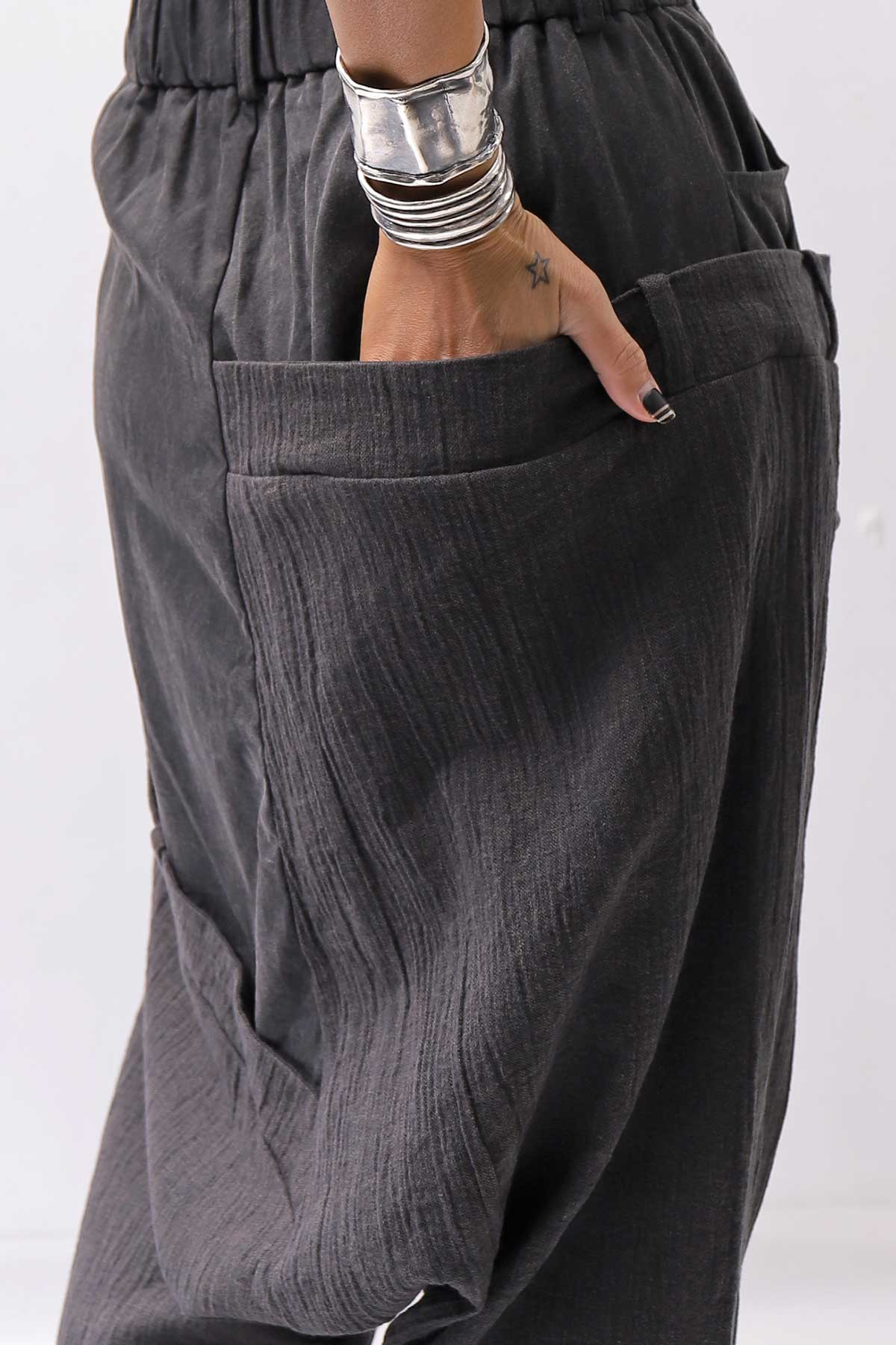 【studio b3】 UNSEX WRINKLE LINEN&amp;COTTON BOX SARROUEL PANTS RBB1974_FADE BLACK