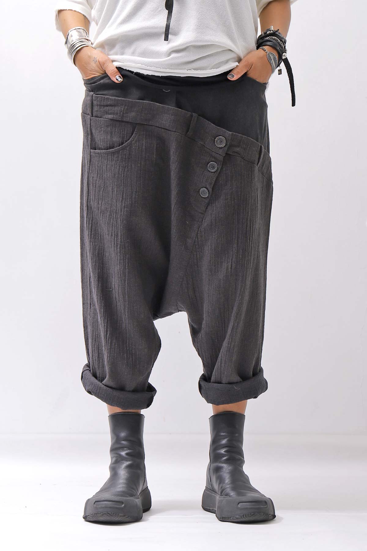 【studio b3】 UNSEX WRINKLE LINEN&amp;COTTON BOX SARROUEL PANTS RBB1974_FADE BLACK