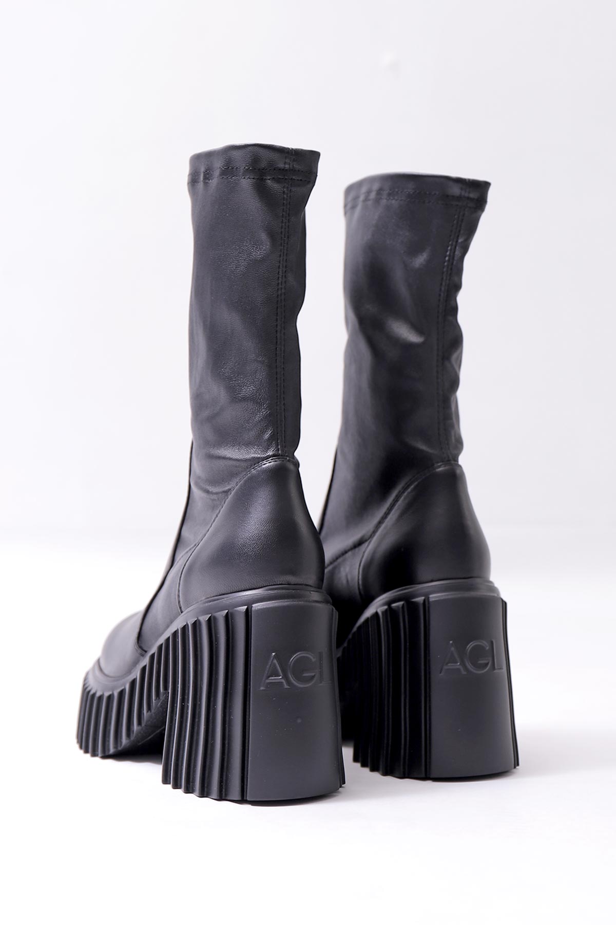 【AGL】 STRETCH LEATHER HEEL BOOTS MIDI HEEL STRETCH_BLACK