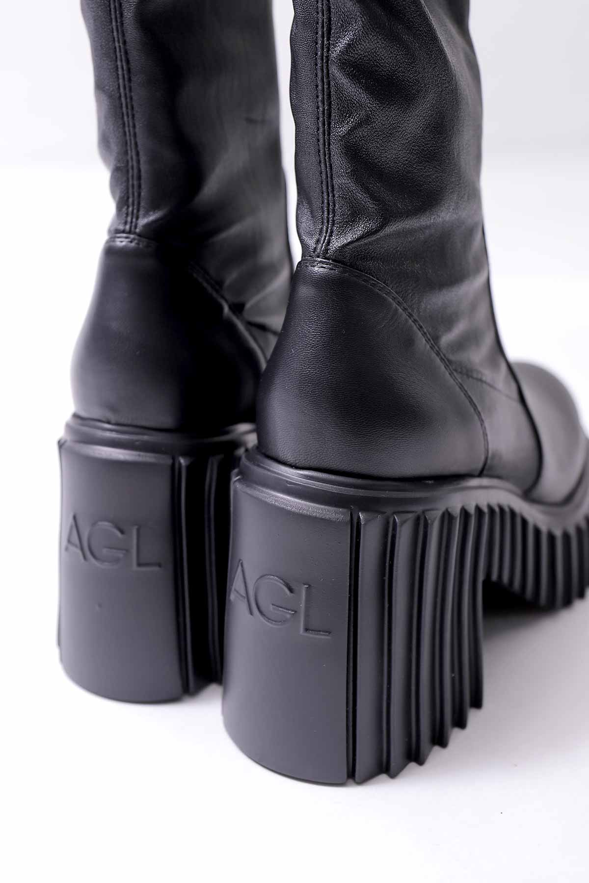 【AGL】 STRETCH LEATHER HEEL BOOTS MIDI HEEL STRETCH_BLACK