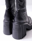 【AGL】 STRETCH LEATHER HEEL BOOTS MIDI HEEL STRETCH_BLACK