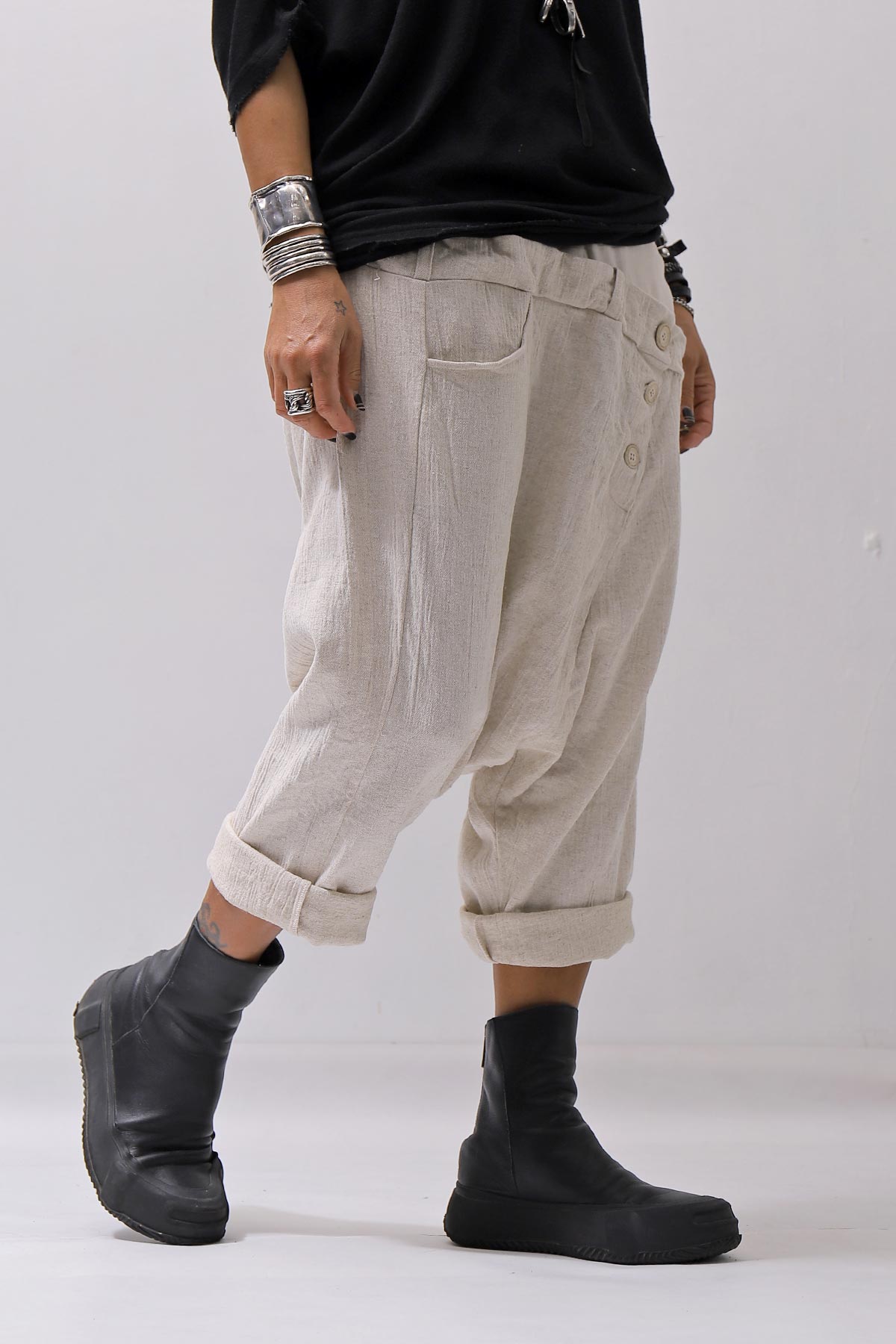 【studio b3】 UNSEX WRINKLE LINEN&amp;COTTON BOX SARROUEL PANTS RBB1974_MILK
