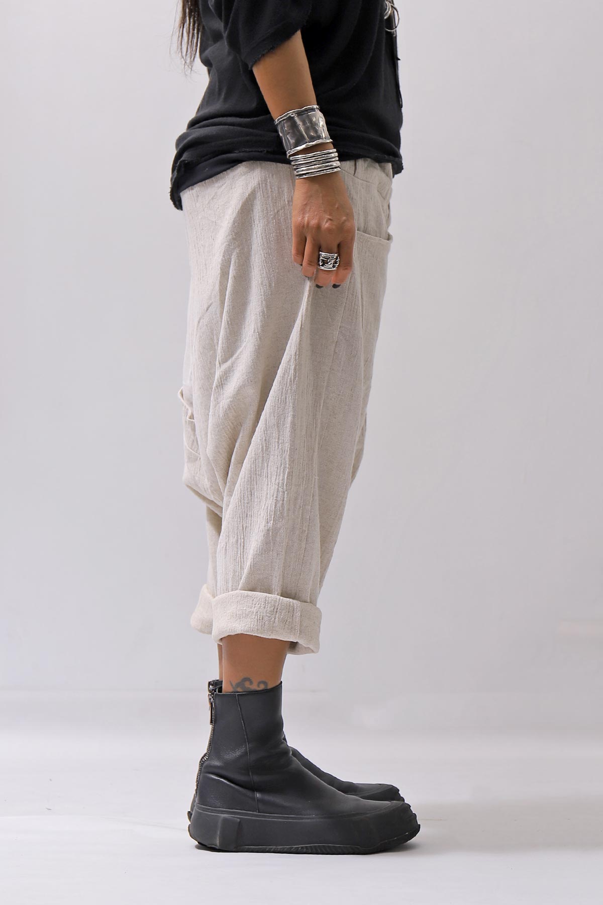 【studio b3】 UNSEX WRINKLE LINEN&amp;COTTON BOX SARROUEL PANTS RBB1974_MILK
