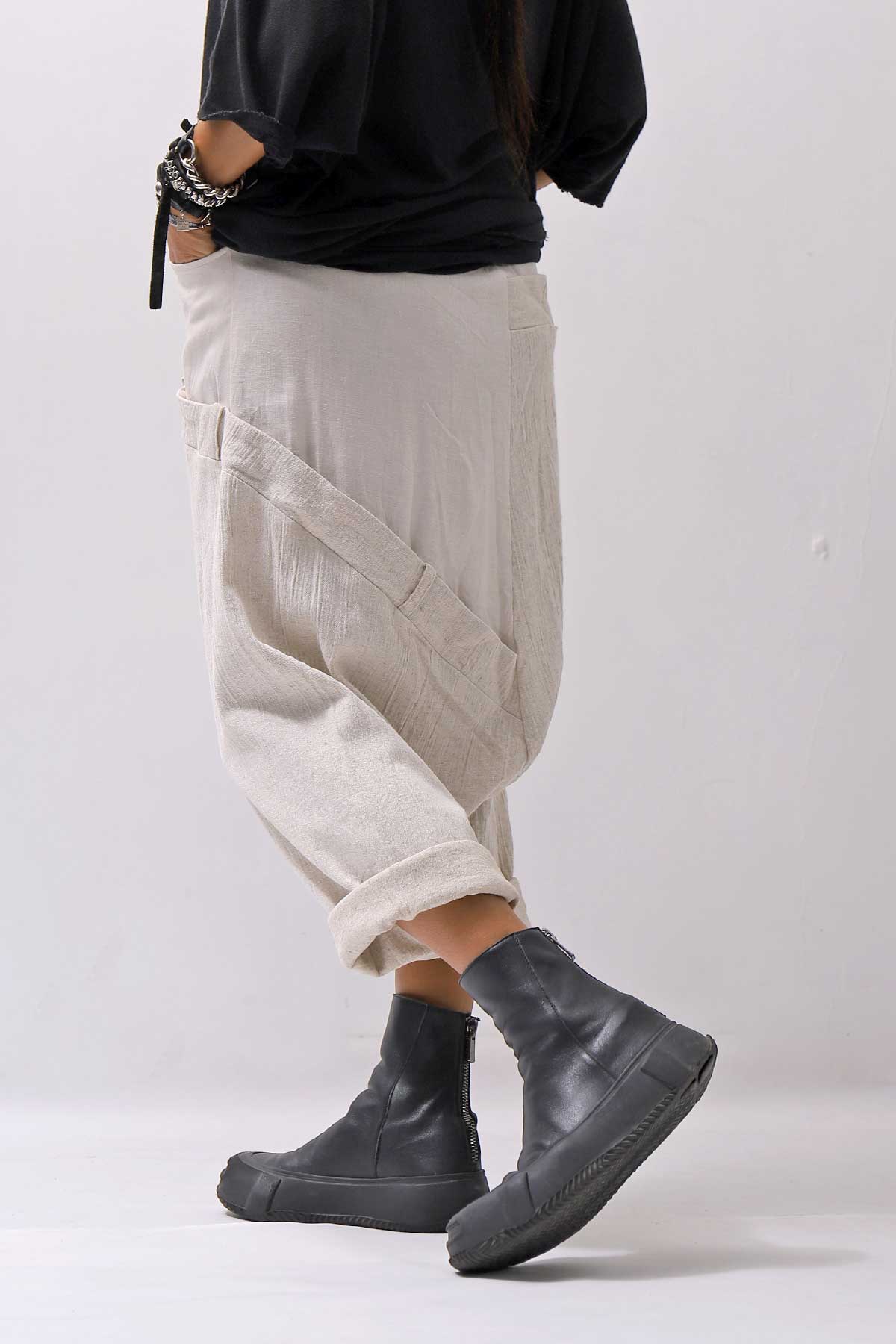 【studio b3】 UNSEX WRINKLE LINEN&amp;COTTON BOX SARROUEL PANTS RBB1974_MILK