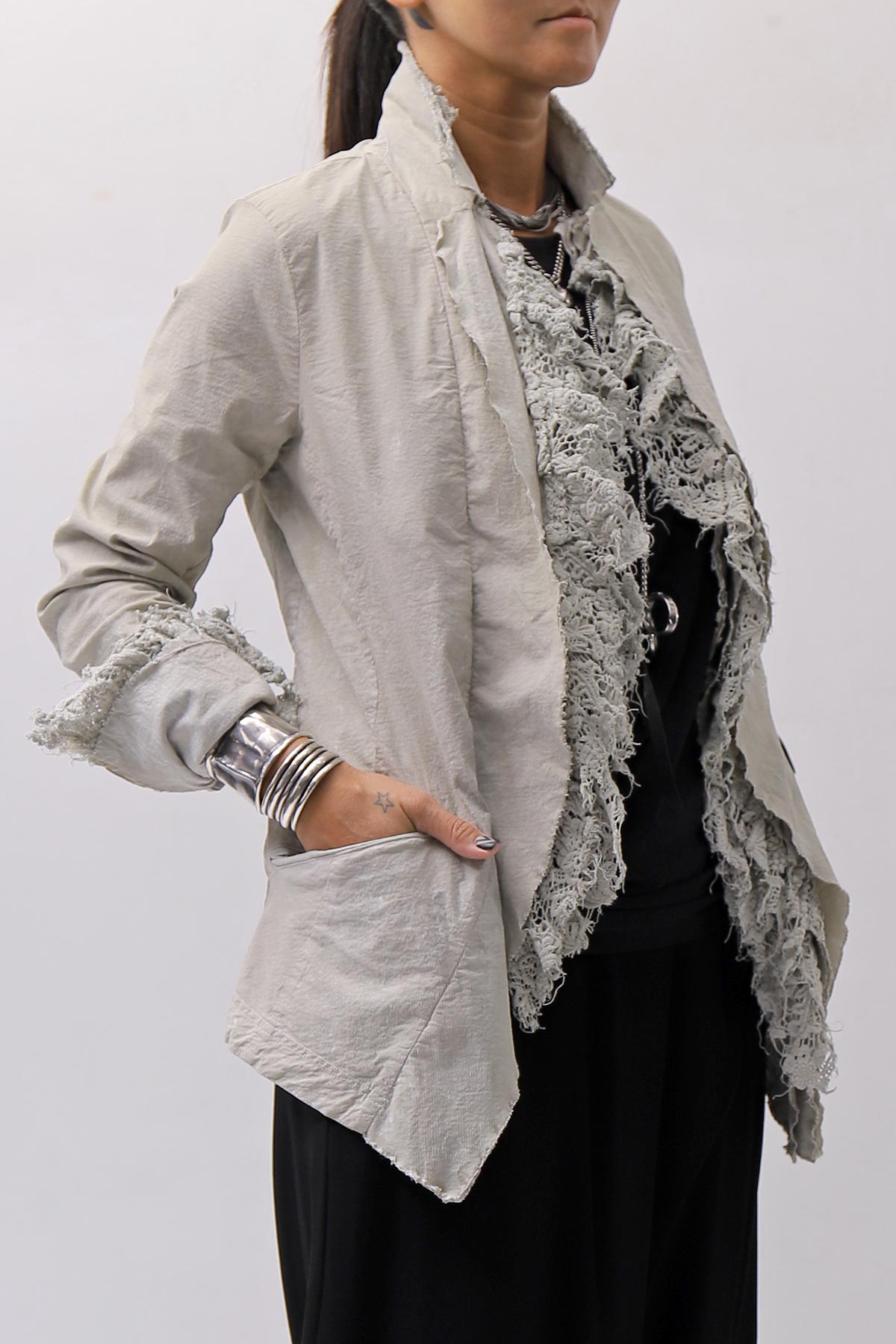 【RUNDHOLZ】 GRUNGE COTTON LACE &amp; STRETCH JACKET _LINEN FOG